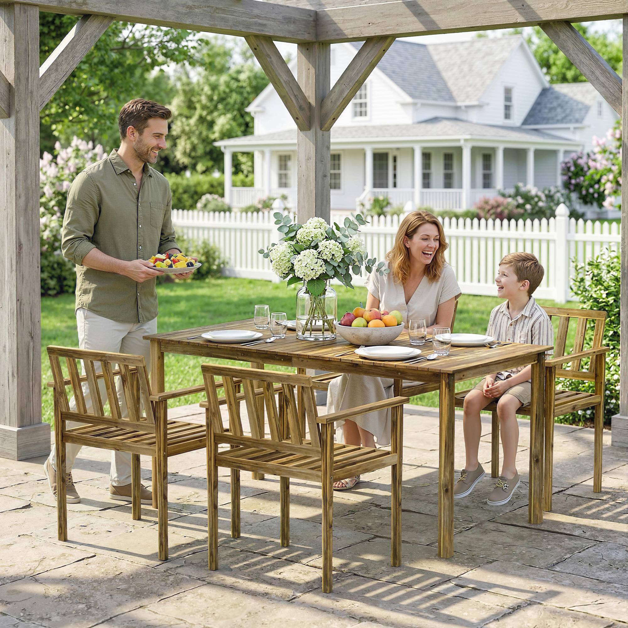 Ensemble repas jardin 5 pièces bois d'acacia massif table 4 fauteuils finition teck 159cm - ComfortXL Outdoor Living - Image 10
