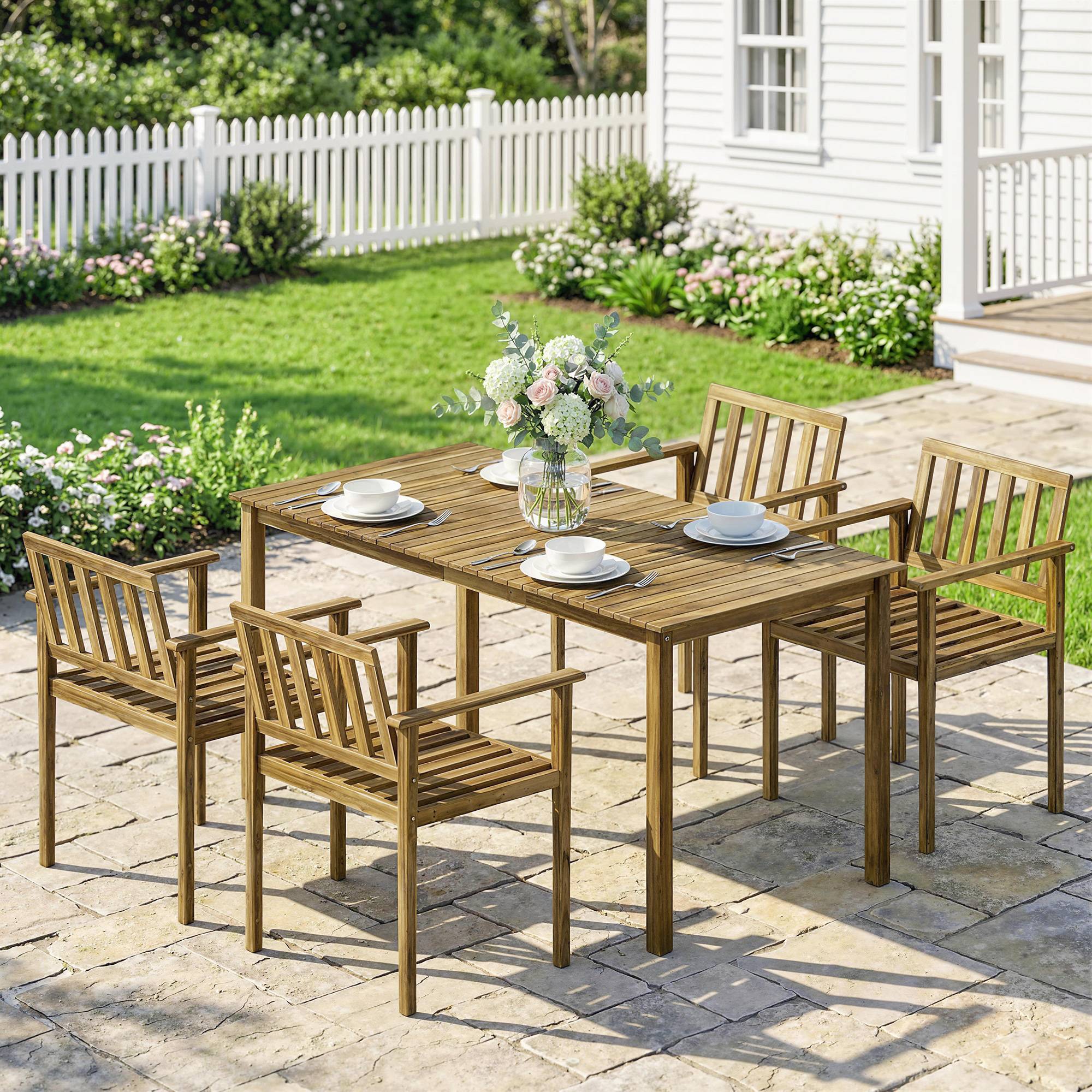 Ensemble repas jardin 5 pièces bois d'acacia massif table 4 fauteuils finition teck 159cm - ComfortXL Outdoor Living - Image 3