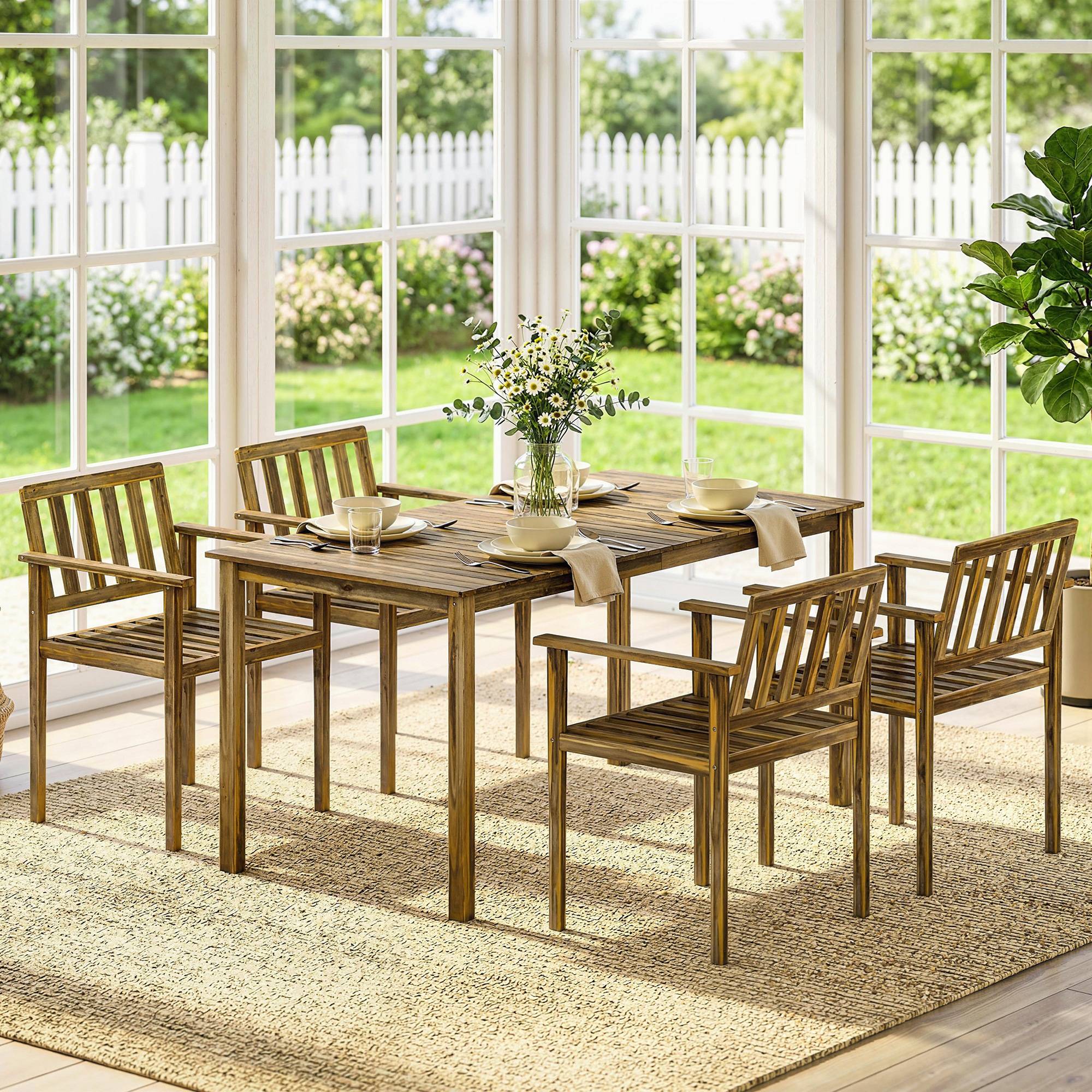 Ensemble repas jardin 5 pièces bois d'acacia massif table 4 fauteuils finition teck 159cm - ComfortXL Outdoor Living - Image 9