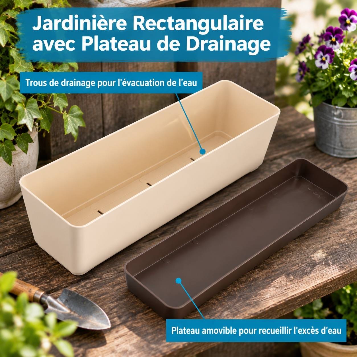 Jardinière Rectangulaire Plastique avec Drainage pour Fleurs Lot de 3 - Image 4