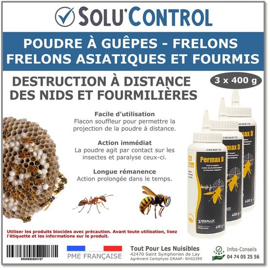 Permax D - Poudre Insecticide guêpes - frelons dont asiatique, fourmis, fourmilières - 3 Flacons souffleurs de 400 g