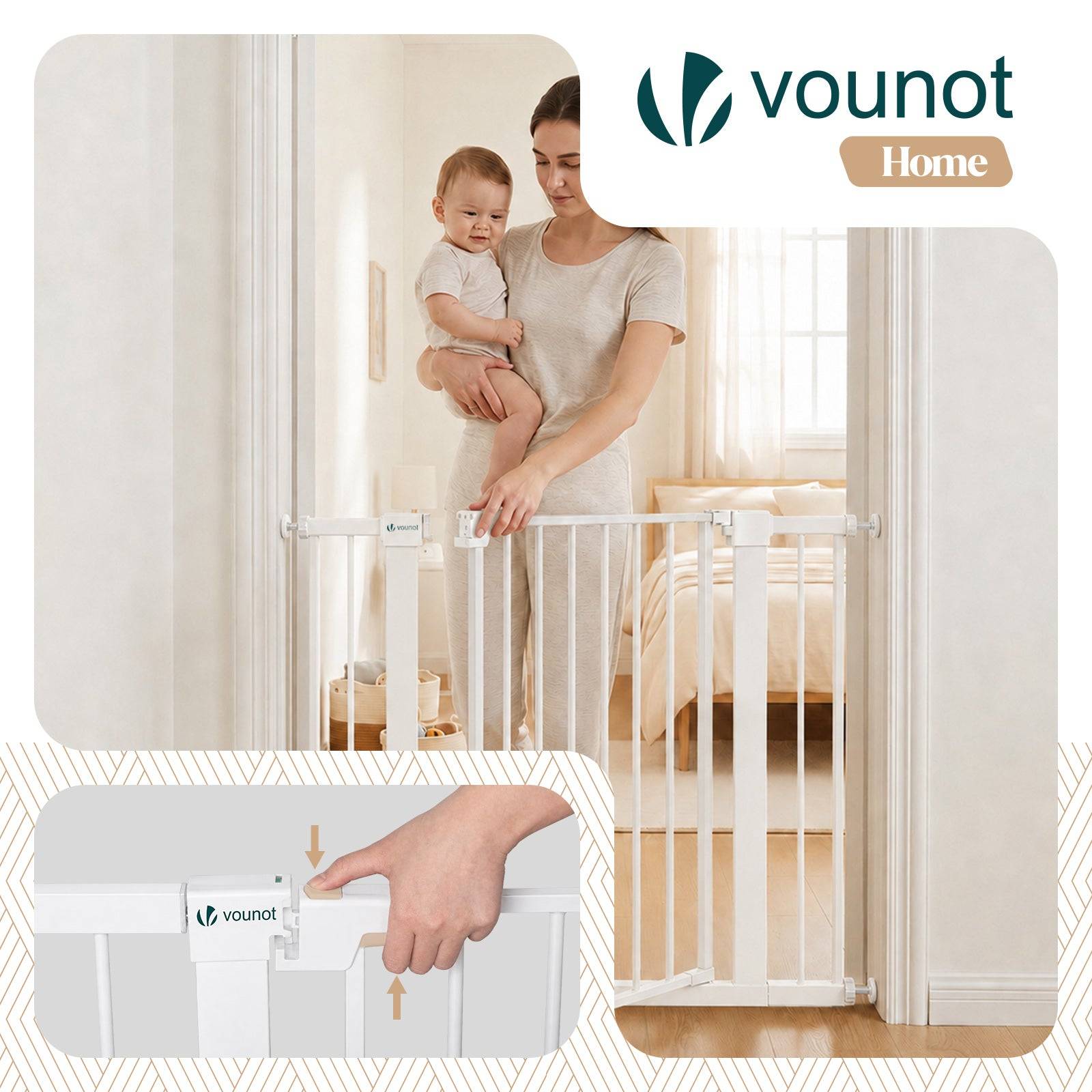 Vounot - Barrière de sécurité 103-110cm en métal blanc - Sans perçage - Fermeture magnétique - Double verrouillage - VOUNOT® - Image 4