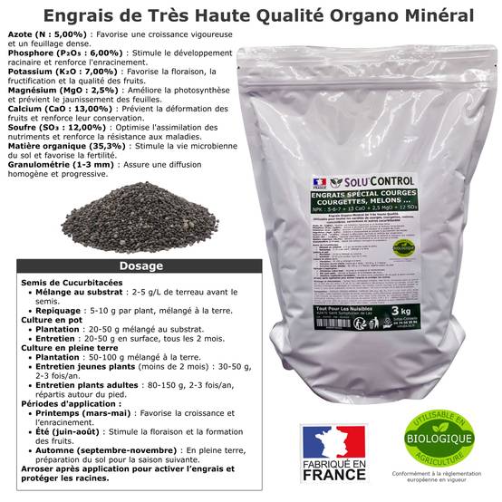 SOLU’CONTROL - 3 kg d'Engrais Spécial Courges, Courgettes et autres cucurbitacées - Formulation haute qualité Organo-Minerale - Image 2