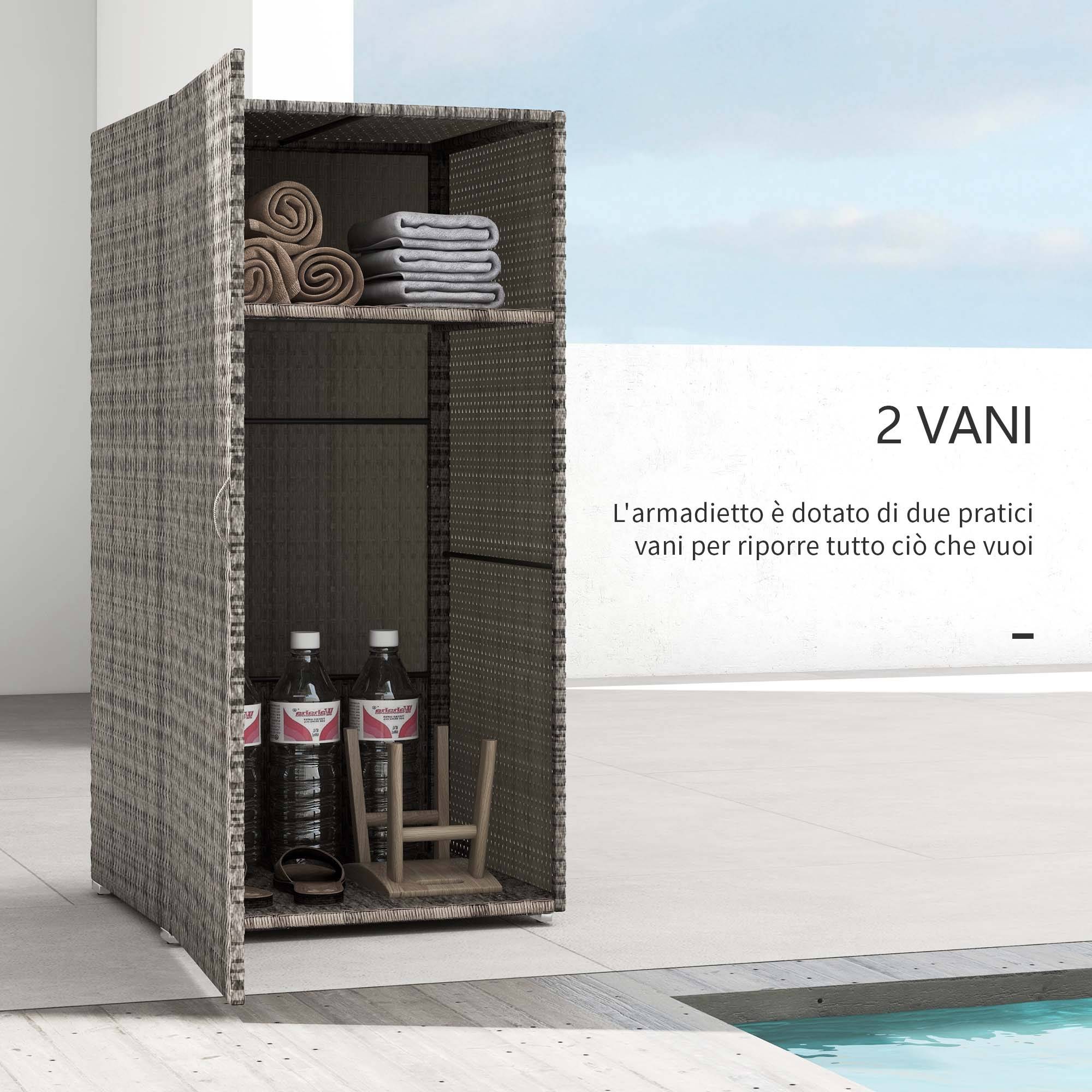 Armoire de rangement jardin 2 niveaux acier résine tressée 120cm gris - ComfortXL Outdoor Living - Image 6