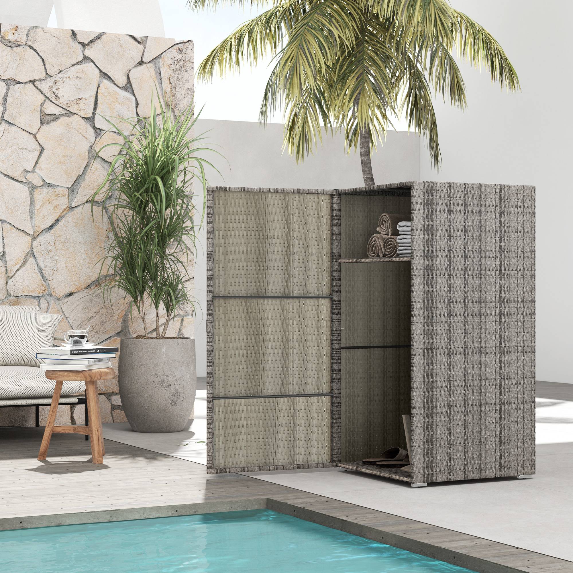 Armoire de rangement jardin 2 niveaux acier résine tressée 120cm gris - ComfortXL Outdoor Living - Image 4