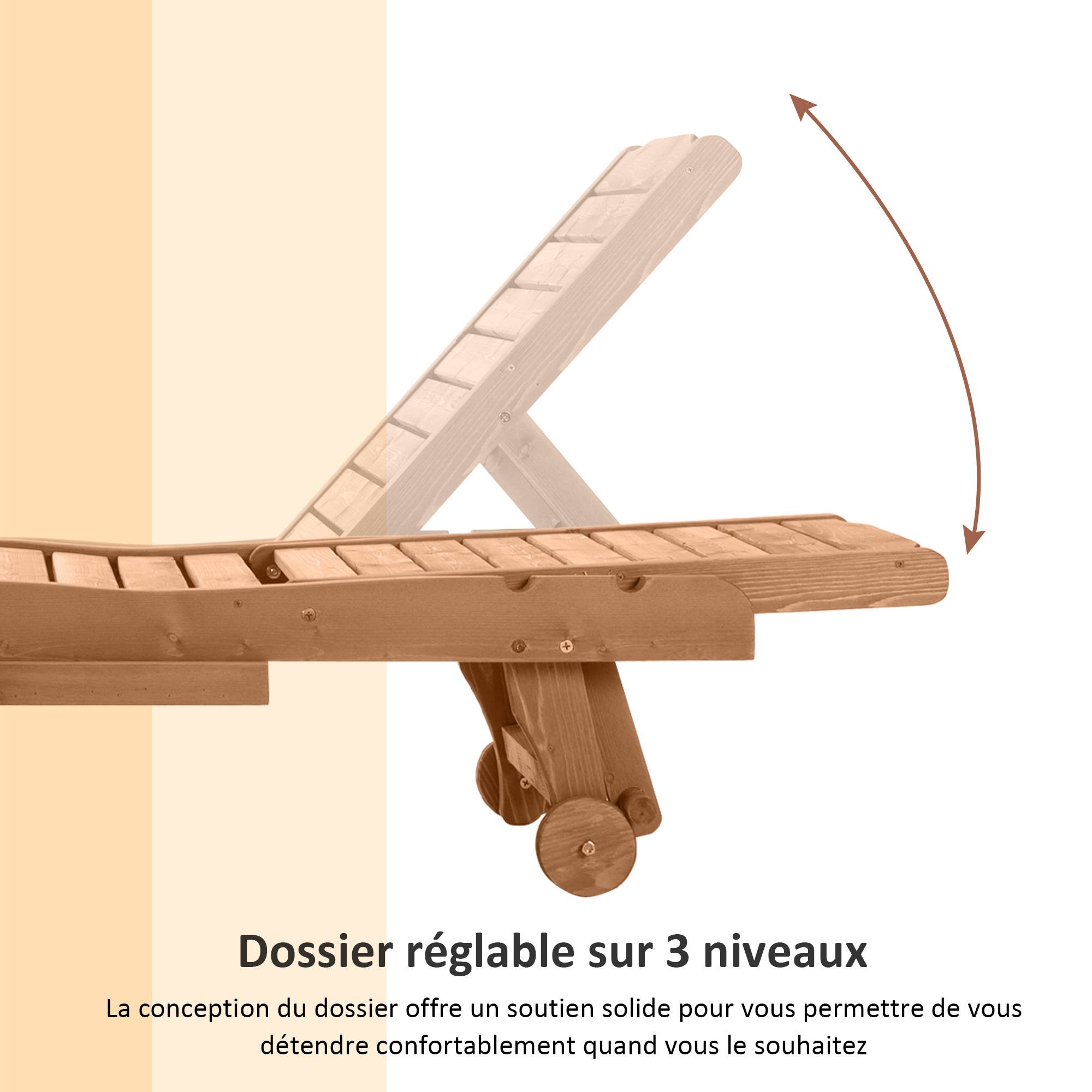 Outsunny - Bain de soleil transat style colonial dossier réglable 3 positions roulettes tablette support bois sapin pré-huilé - Outsunny - Imagen 5