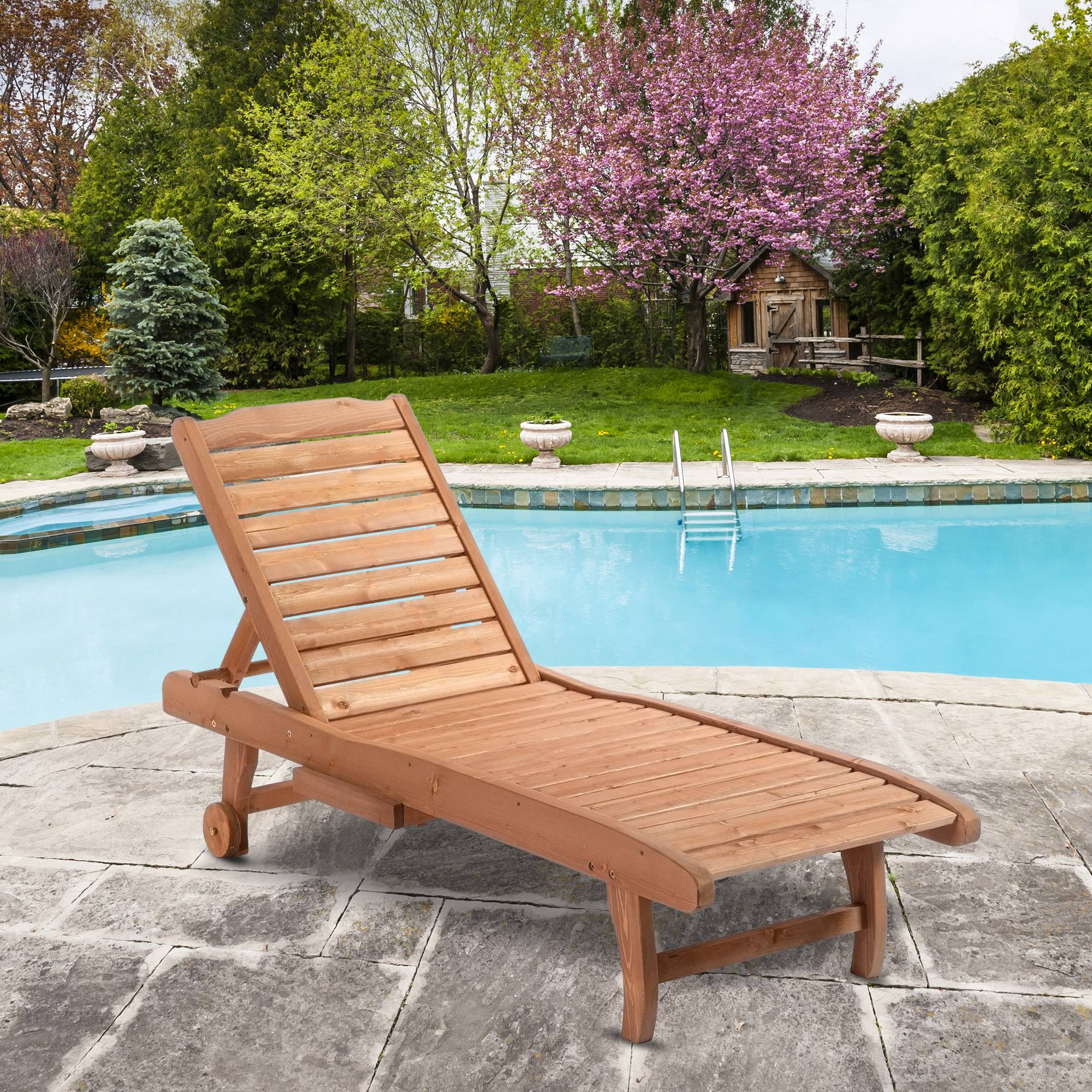 Outsunny - Bain de soleil transat style colonial dossier réglable 3 positions roulettes tablette support bois sapin pré-huilé - Outsunny - Imagen 2