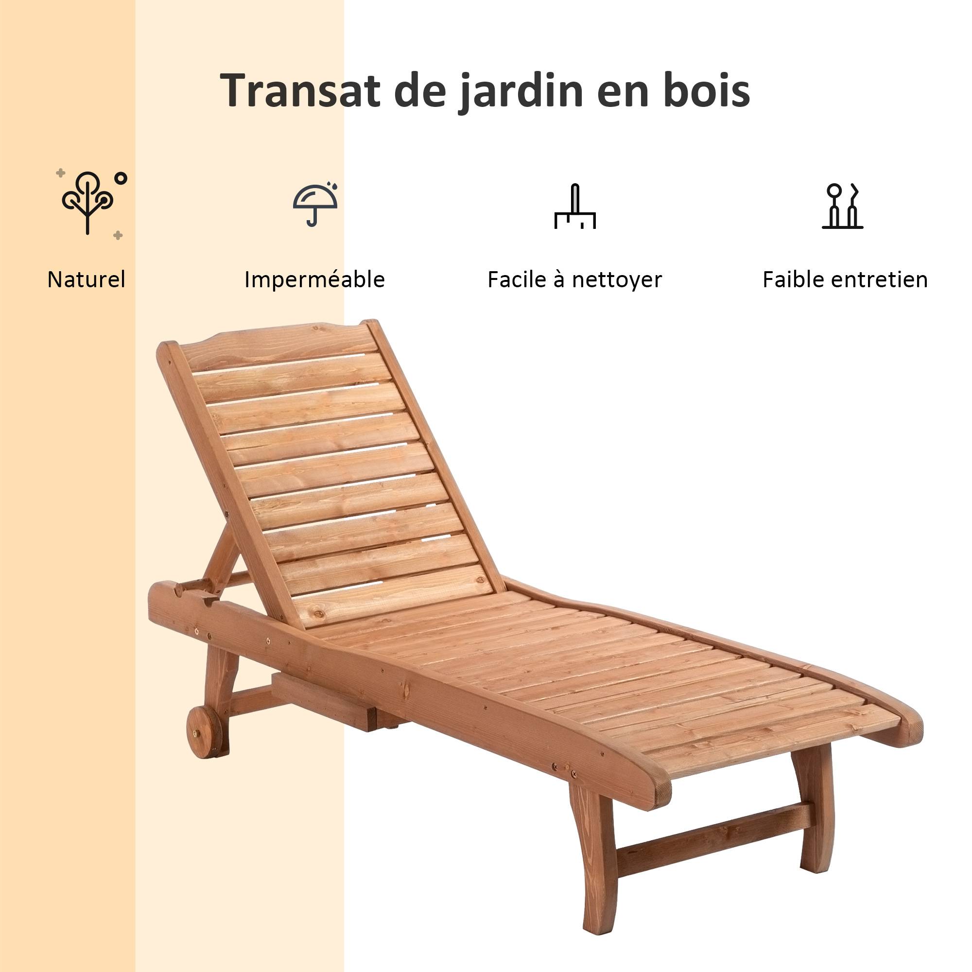 Outsunny - Bain de soleil transat style colonial dossier réglable 3 positions roulettes tablette support bois sapin pré-huilé - Outsunny - Imagen 8