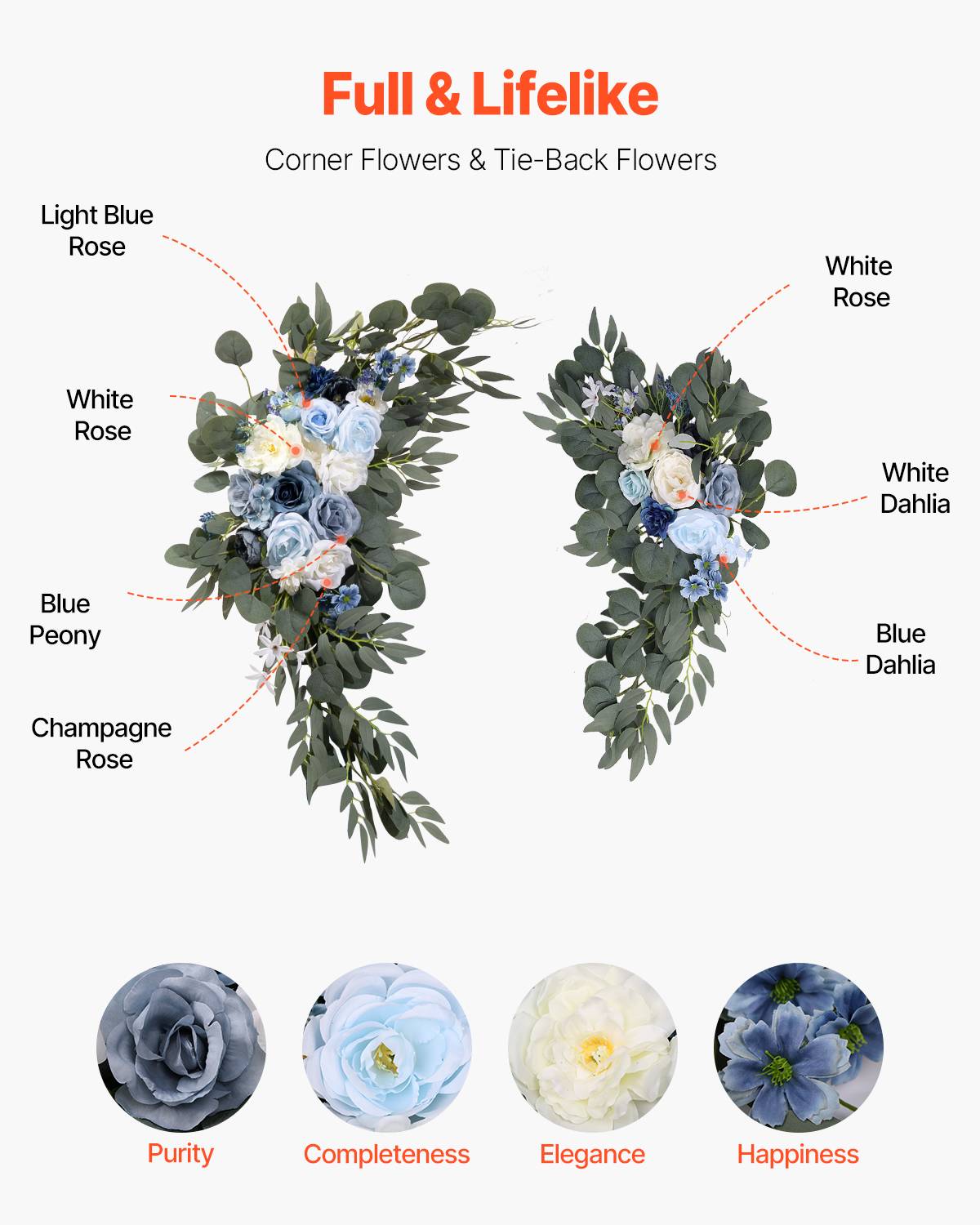 VEVOR Kit fleurs artificielles arche mariage, 2 bouquets, 2 rideaux, bleu/blanc. - Image 5