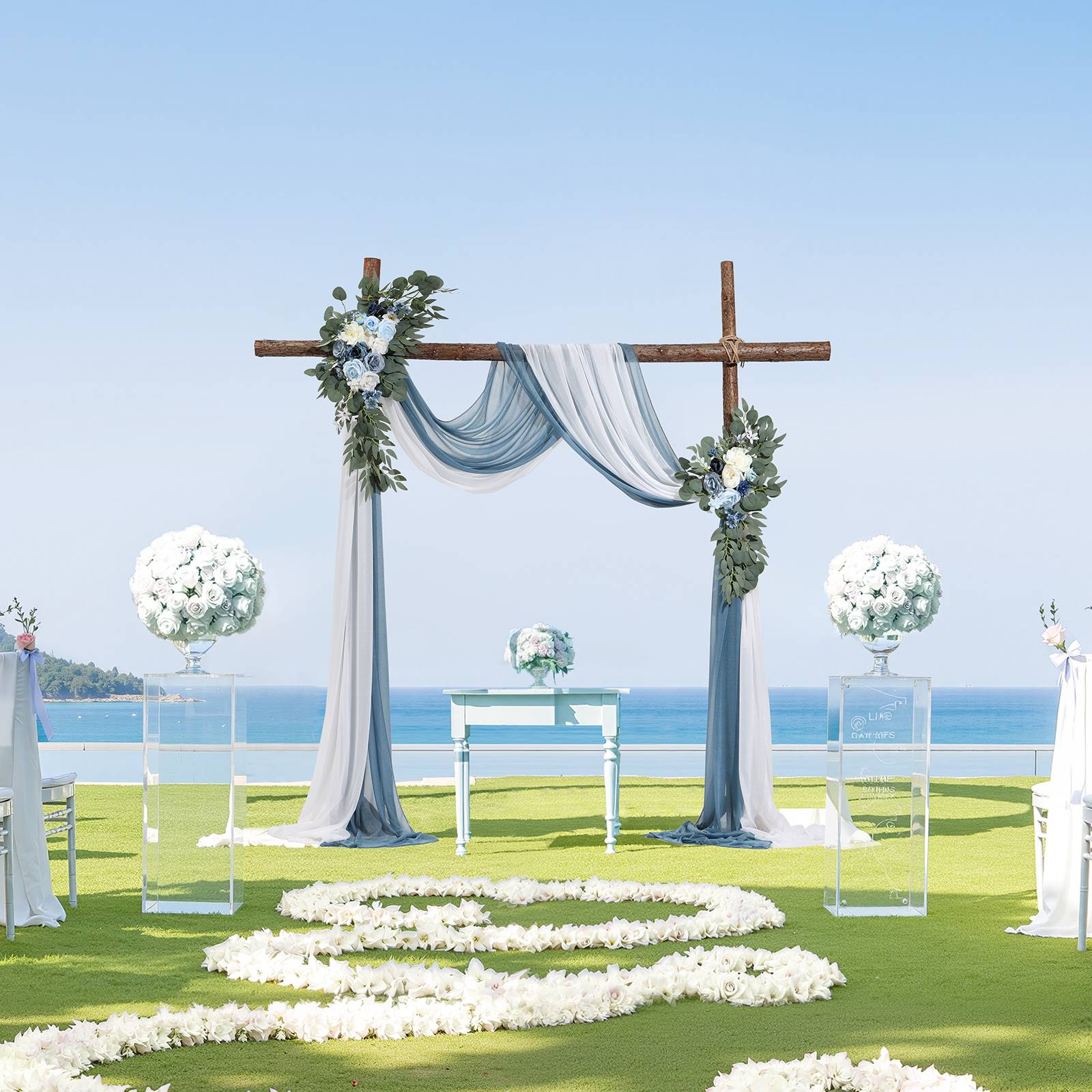 VEVOR Kit fleurs artificielles arche mariage, 2 bouquets, 2 rideaux, bleu/blanc. - Image 8