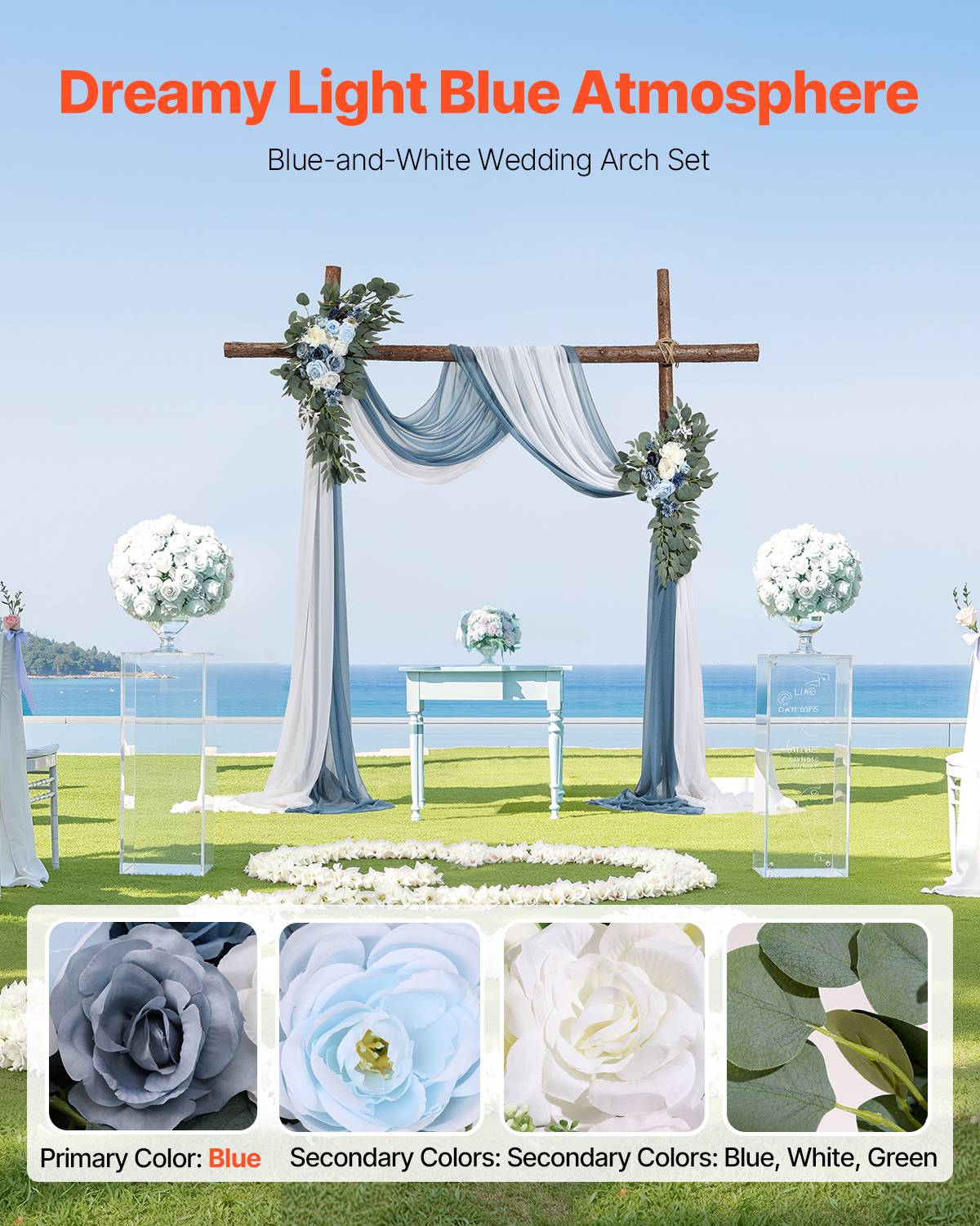VEVOR Kit fleurs artificielles arche mariage, 2 bouquets, 2 rideaux, bleu/blanc. - Image 2