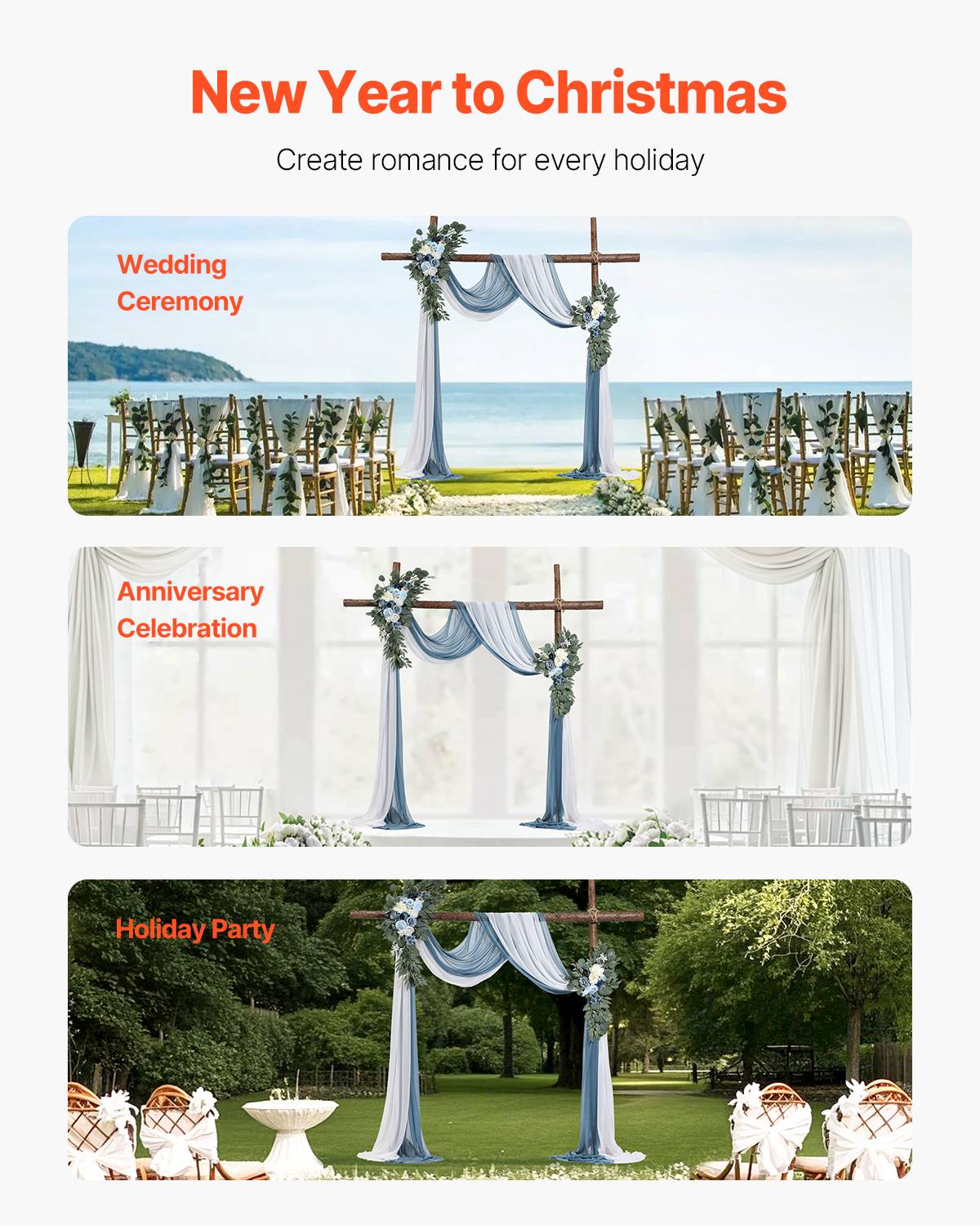 VEVOR Kit fleurs artificielles arche mariage, 2 bouquets, 2 rideaux, bleu/blanc. - Image 6