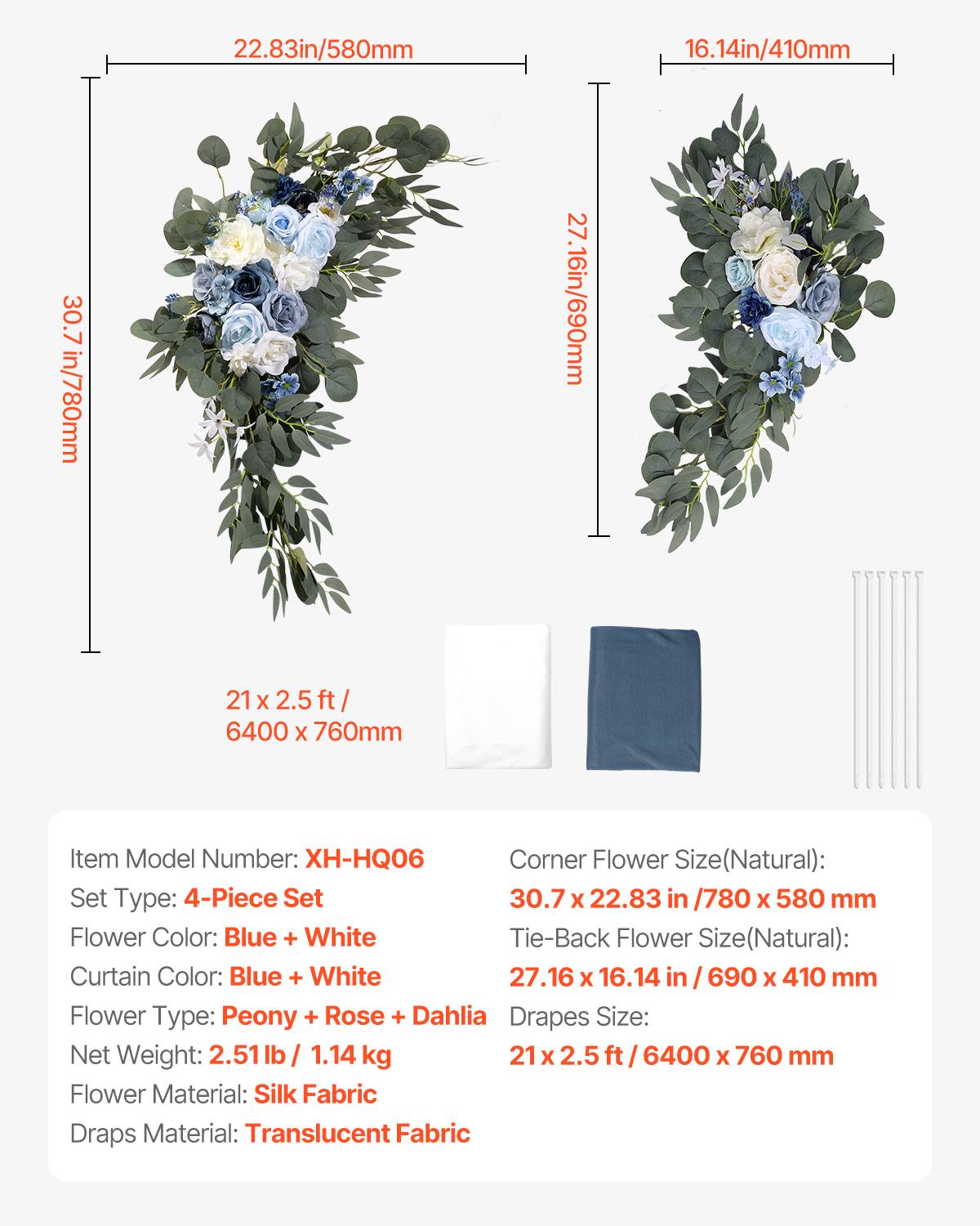 VEVOR Kit fleurs artificielles arche mariage, 2 bouquets, 2 rideaux, bleu/blanc. - Image 7