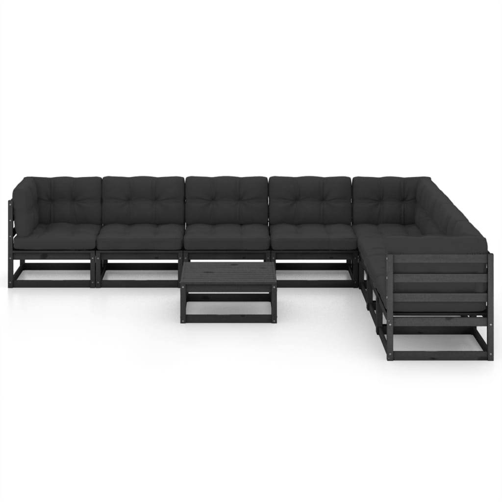 Helloshop26 - Salon de jardin meuble d'extérieur ensemble de mobilier 9 pièces avec coussins noir bois de pin massif - Imagen 2