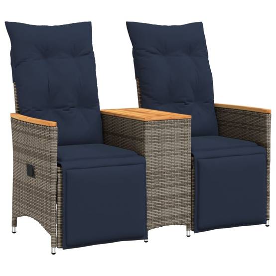 Canapé Extérieur Réglable avec Repose-Pieds Résine Grise Table Acacia Coussins Bleu Marine – ComfortXL Outdoor Living - Image 2