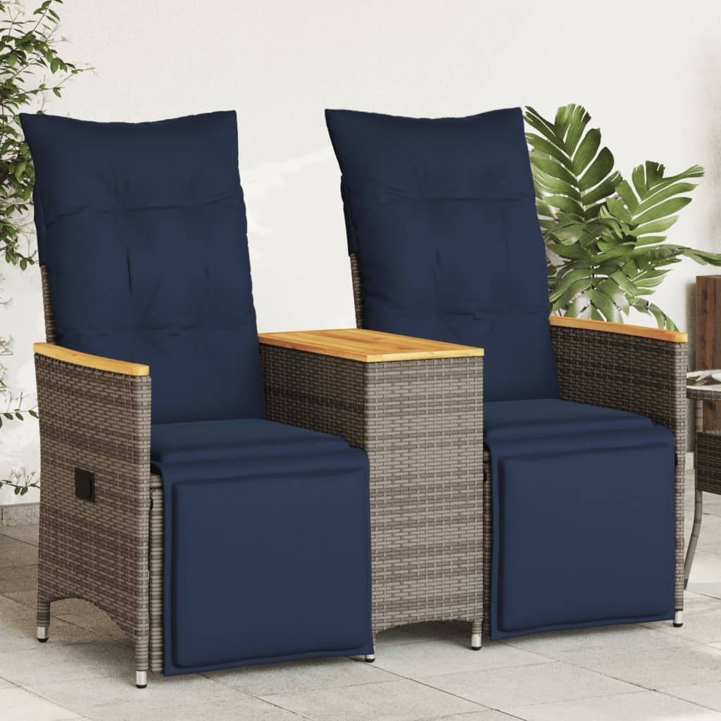 Canapé Extérieur Réglable avec Repose-Pieds Résine Grise Table Acacia Coussins Bleu Marine – ComfortXL Outdoor Living - Image 1