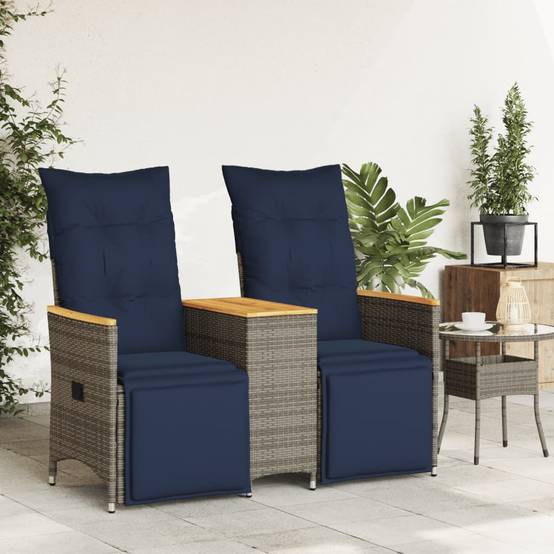 Canapé Extérieur Réglable avec Repose-Pieds Résine Grise Table Acacia Coussins Bleu Marine – ComfortXL Outdoor Living - Image 3