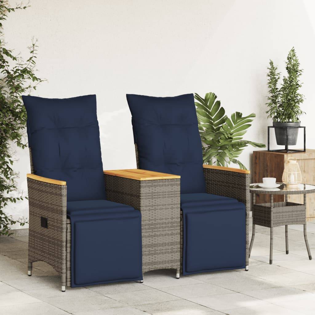Canapé Extérieur Réglable avec Repose-Pieds Résine Grise Table Acacia Coussins Bleu Marine – ComfortXL Outdoor Living - Image 3