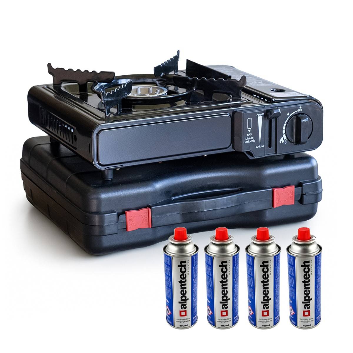 Réchaud à gaz portable + 4 cartouches de gaz Camping + Mallette incluse - Imagen 1