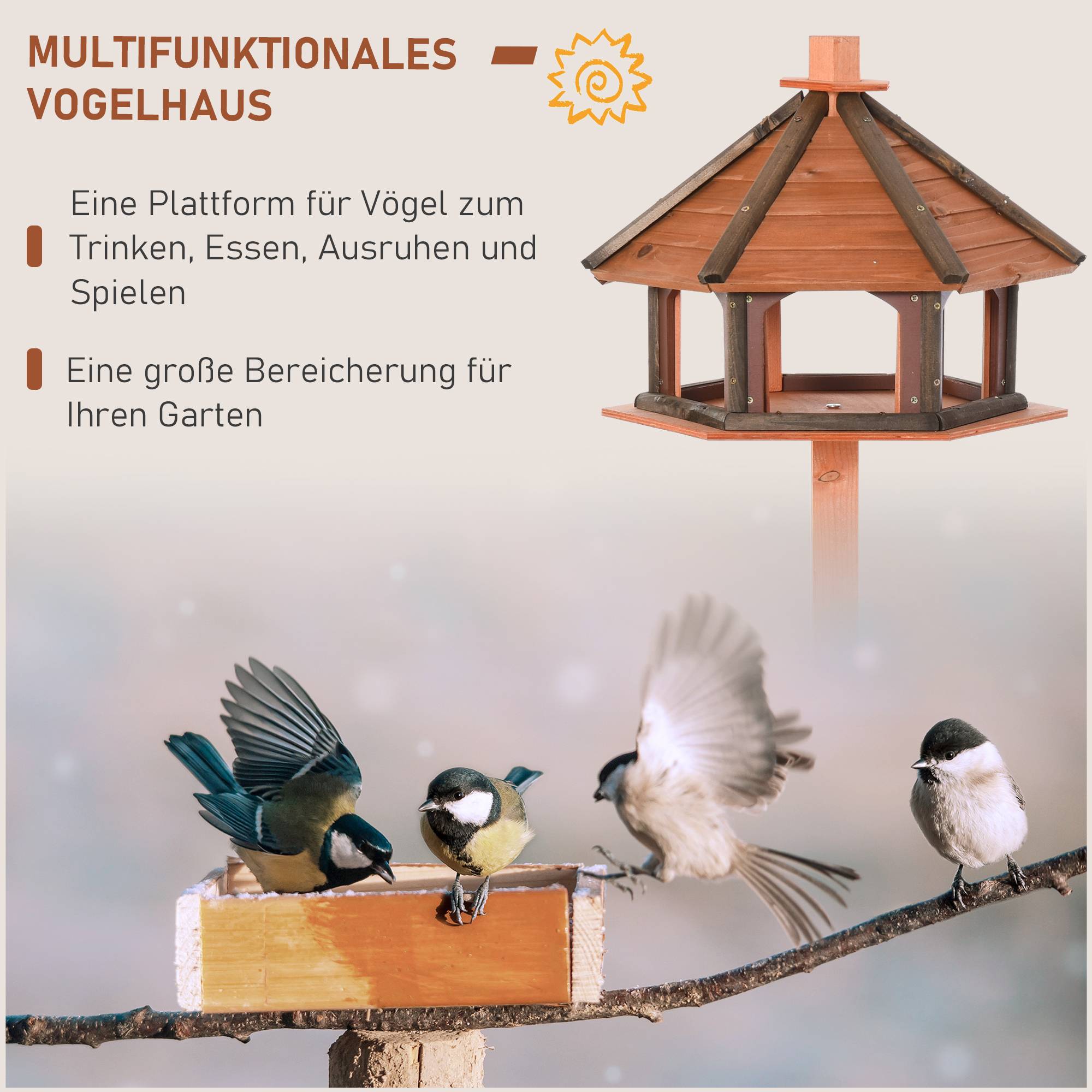 Mangeoire pour oiseaux sur pied bois naturel 52 x 52 x 130 cm - PANGIVO - Image 8