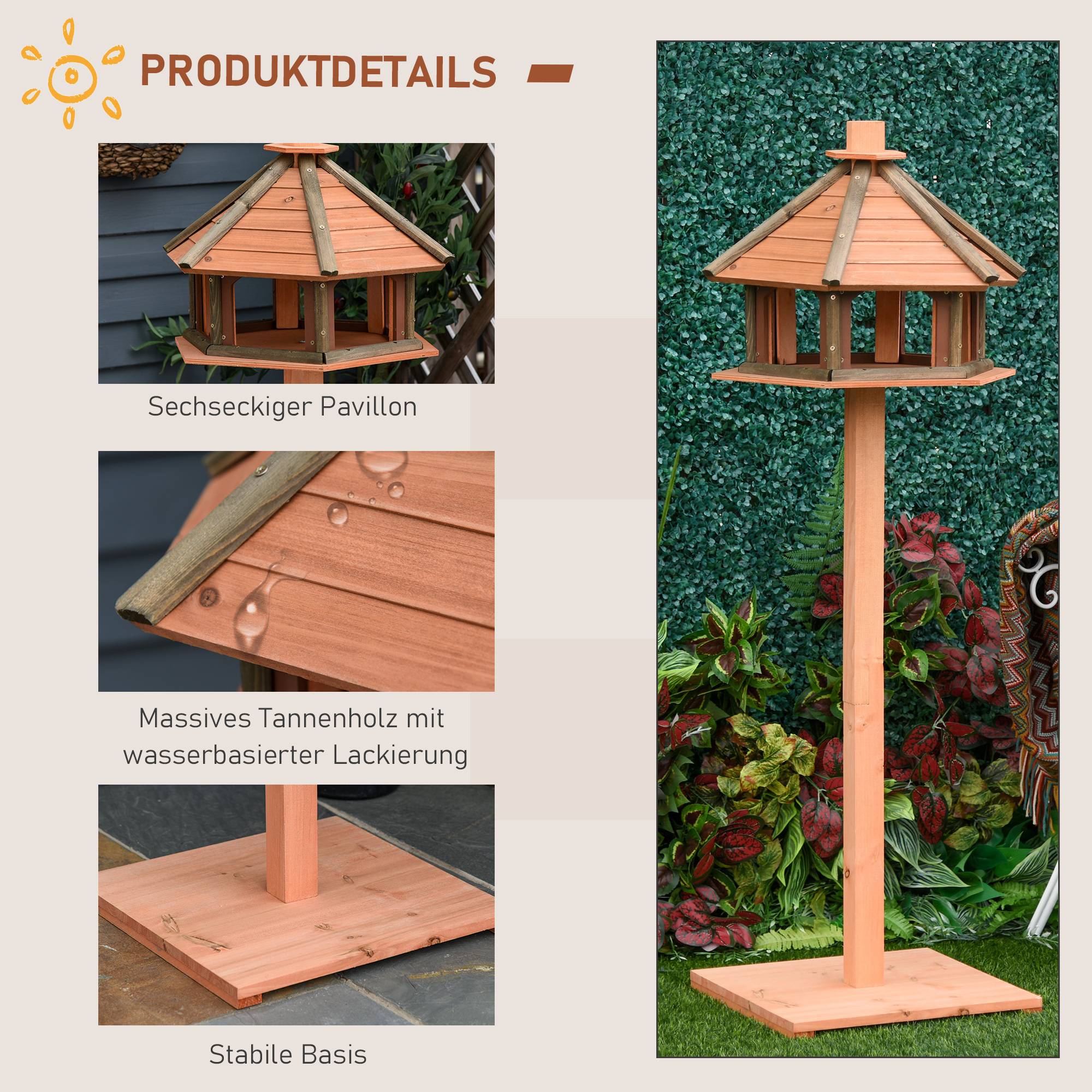 Mangeoire pour oiseaux sur pied bois naturel 52 x 52 x 130 cm - PANGIVO - Image 7