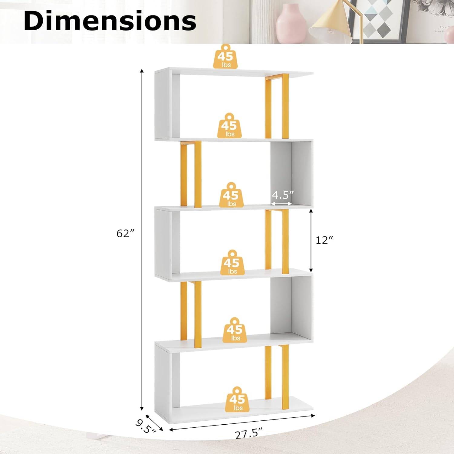 Bibliothèque en Forme de 'S' à 5 Niveaux, Étagère Géométrique de 157 cm, Cadre en Métal, Kits Anti-basculement, Charge 100 kg, Doré - Image 3
