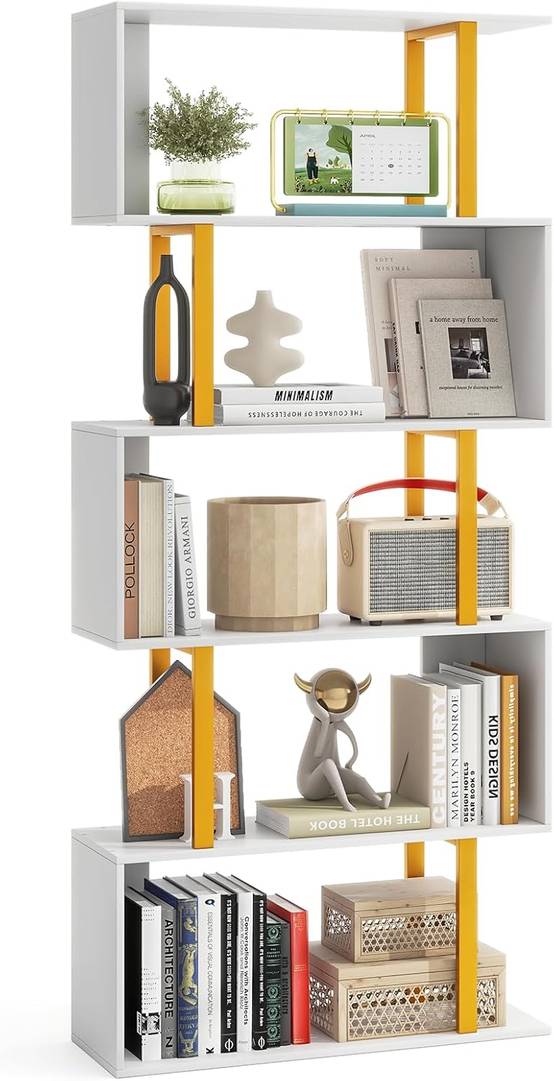 Bibliothèque en Forme de 'S' à 5 Niveaux, Étagère Géométrique de 157 cm, Cadre en Métal, Kits Anti-basculement, Charge 100 kg, Doré - Image 9