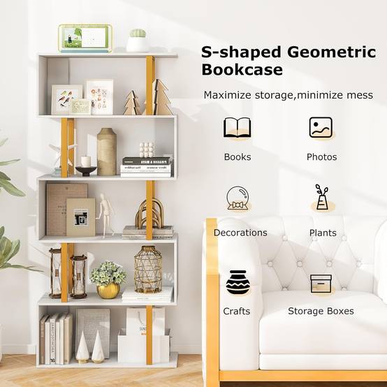 Bibliothèque en Forme de 'S' à 5 Niveaux, Étagère Géométrique de 157 cm, Cadre en Métal, Kits Anti-basculement, Charge 100 kg, Doré - Image 6