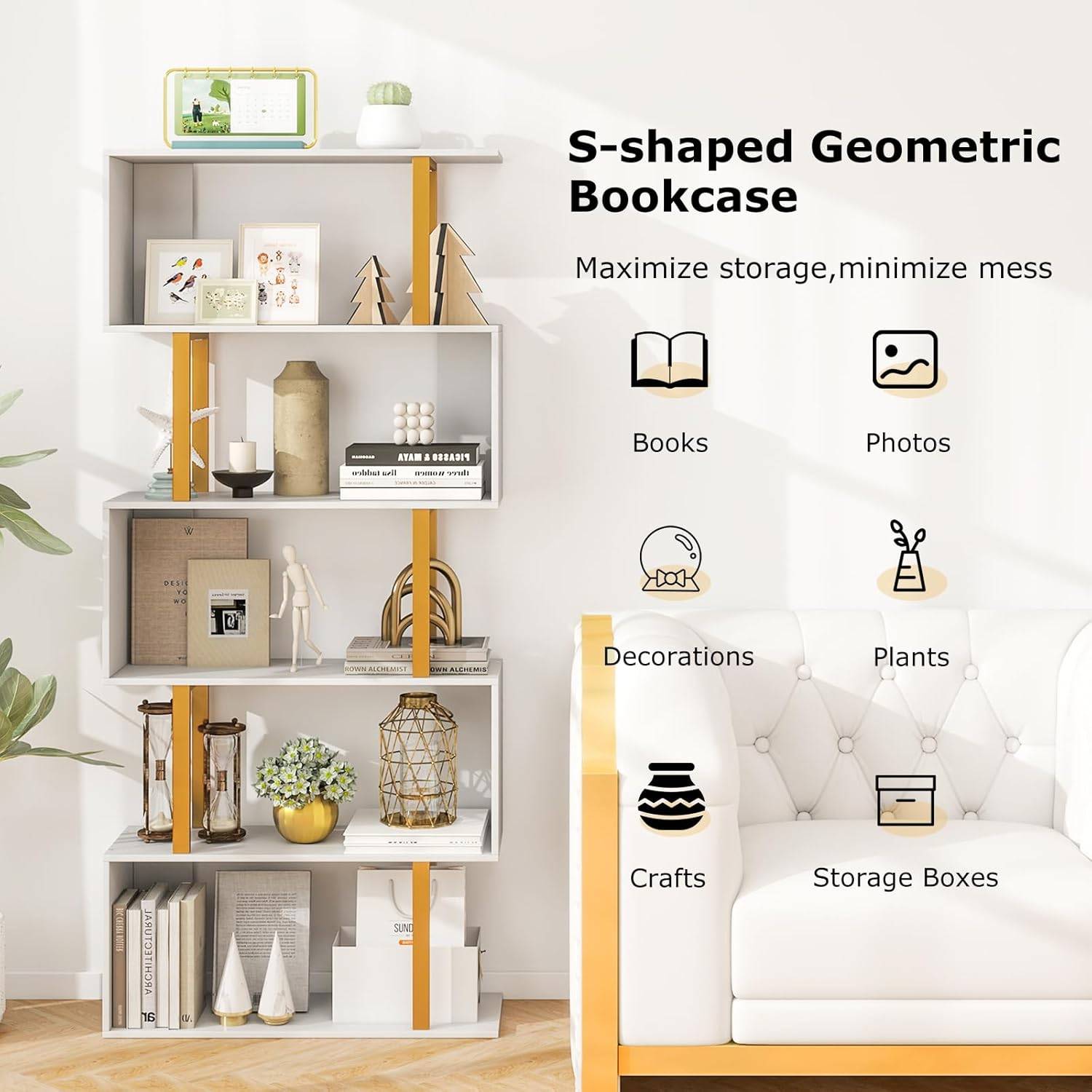 Bibliothèque en Forme de 'S' à 5 Niveaux, Étagère Géométrique de 157 cm, Cadre en Métal, Kits Anti-basculement, Charge 100 kg, Doré - Image 6