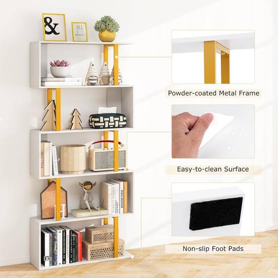 Bibliothèque en Forme de 'S' à 5 Niveaux, Étagère Géométrique de 157 cm, Cadre en Métal, Kits Anti-basculement, Charge 100 kg, Doré - Image 8