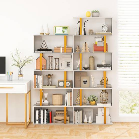 Bibliothèque en Forme de 'S' à 5 Niveaux, Étagère Géométrique de 157 cm, Cadre en Métal, Kits Anti-basculement, Charge 100 kg, Doré - Image 5