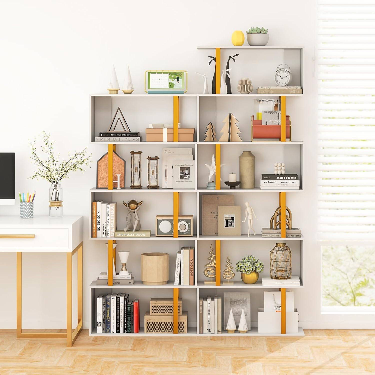 Bibliothèque en Forme de 'S' à 5 Niveaux, Étagère Géométrique de 157 cm, Cadre en Métal, Kits Anti-basculement, Charge 100 kg, Doré - Image 5