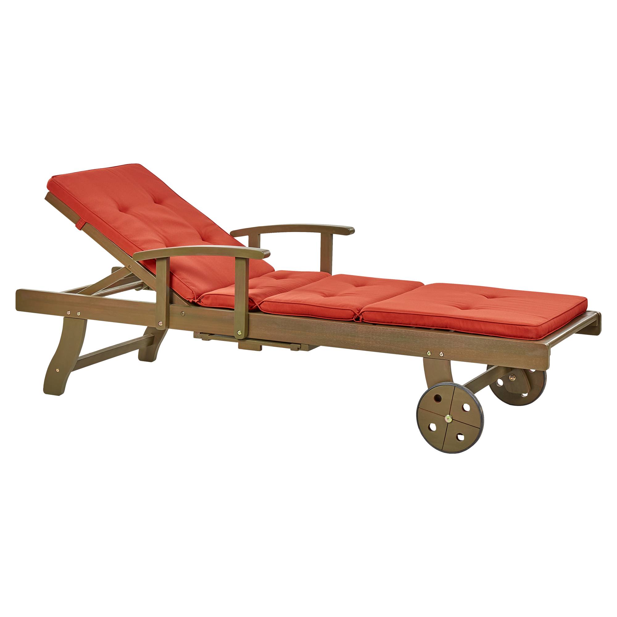 Beliani - Chaise Longue en Bois d'Acacia Foncé à Roues Transat avec Siège Inclinable et Coussin Rouge pour Terrasse Style Campagne Rustique - Imagen 1