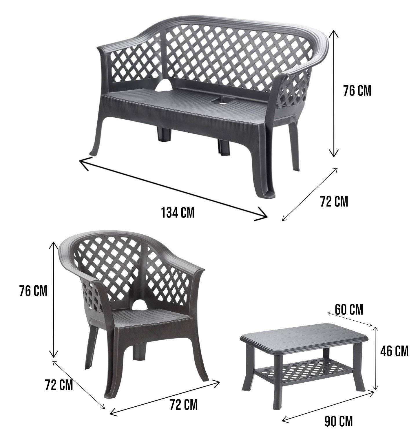 Dmora - Salon d'extérieur Brescia, Composition de jardin avec 2 fauteuils, 1 banc et 1 table basse, Salon intérieur et extérieur, Anthracite - Dmora - Imagen 3