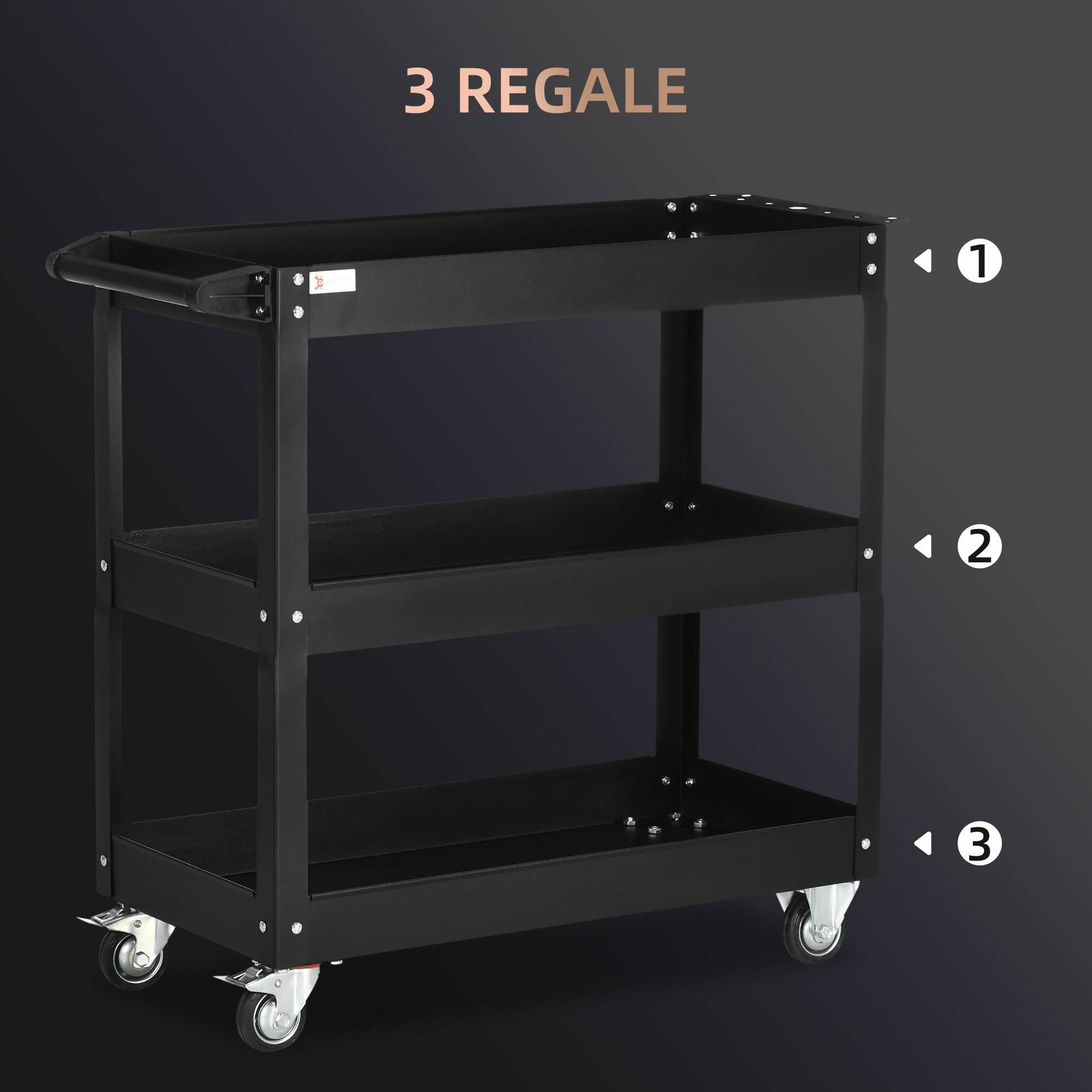 Sans Marque - Chariot à outils à 3 niveaux, 4 roues, Acier, 83 L x 35,3 P x 76 H cm, Noir - Image 6