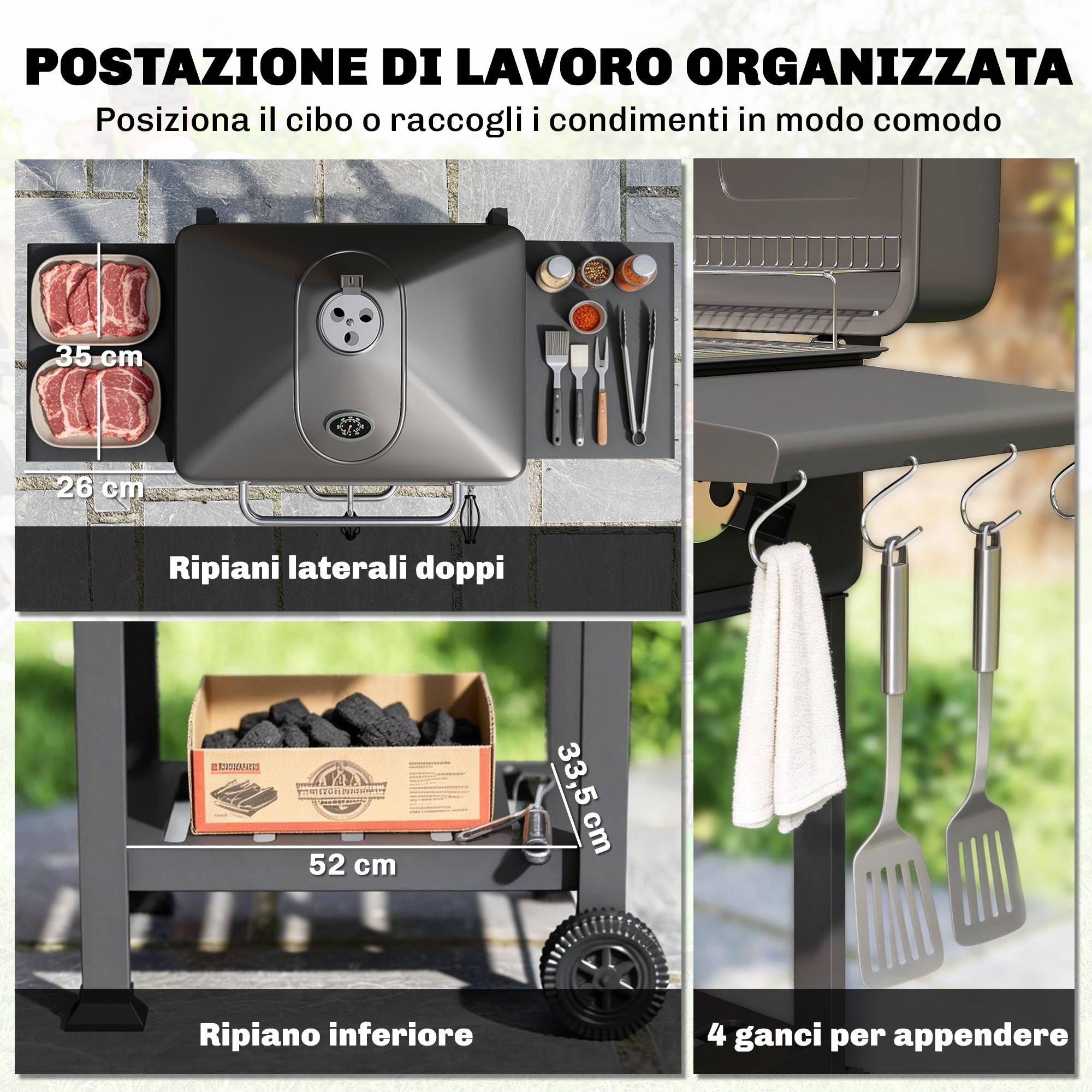 Barbecue à charbon, fumoir portable avec ventilation, thermomètre et étagères latérales, noir - Image 9