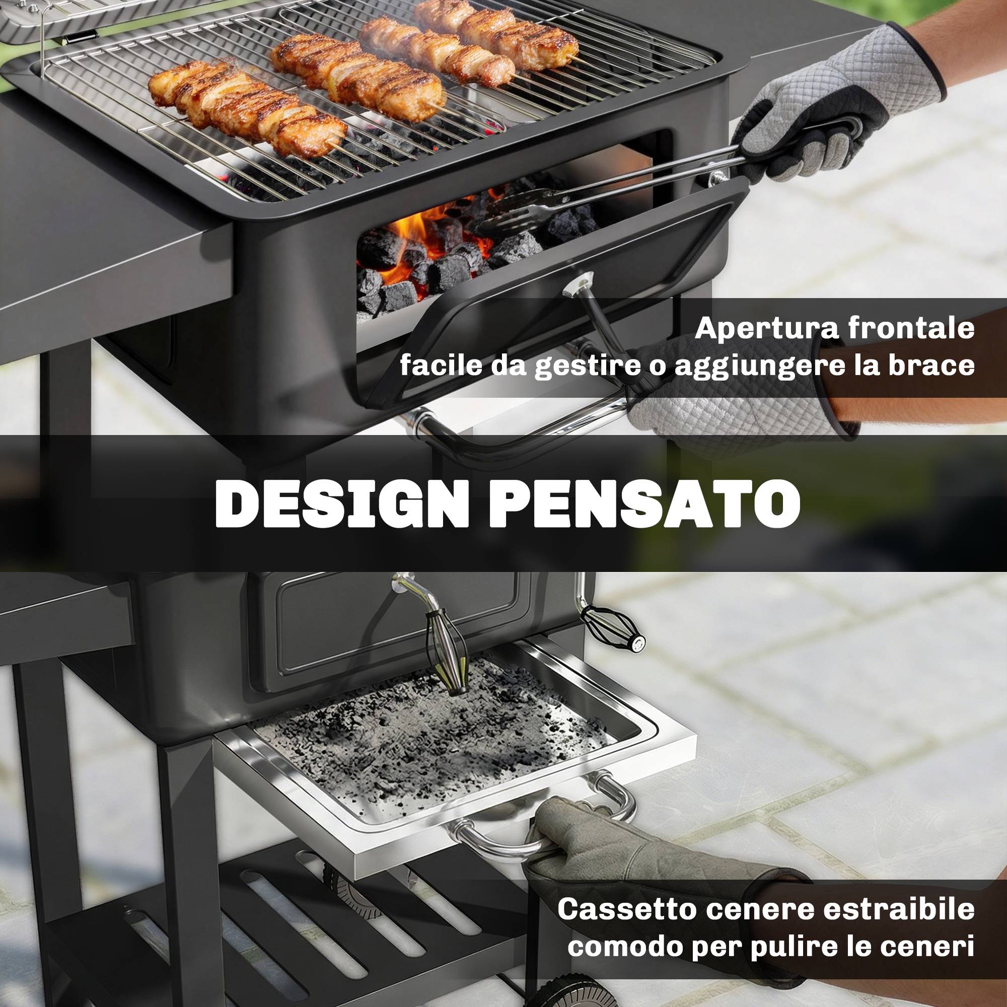 Barbecue à charbon, fumoir portable avec ventilation, thermomètre et étagères latérales, noir - Image 10
