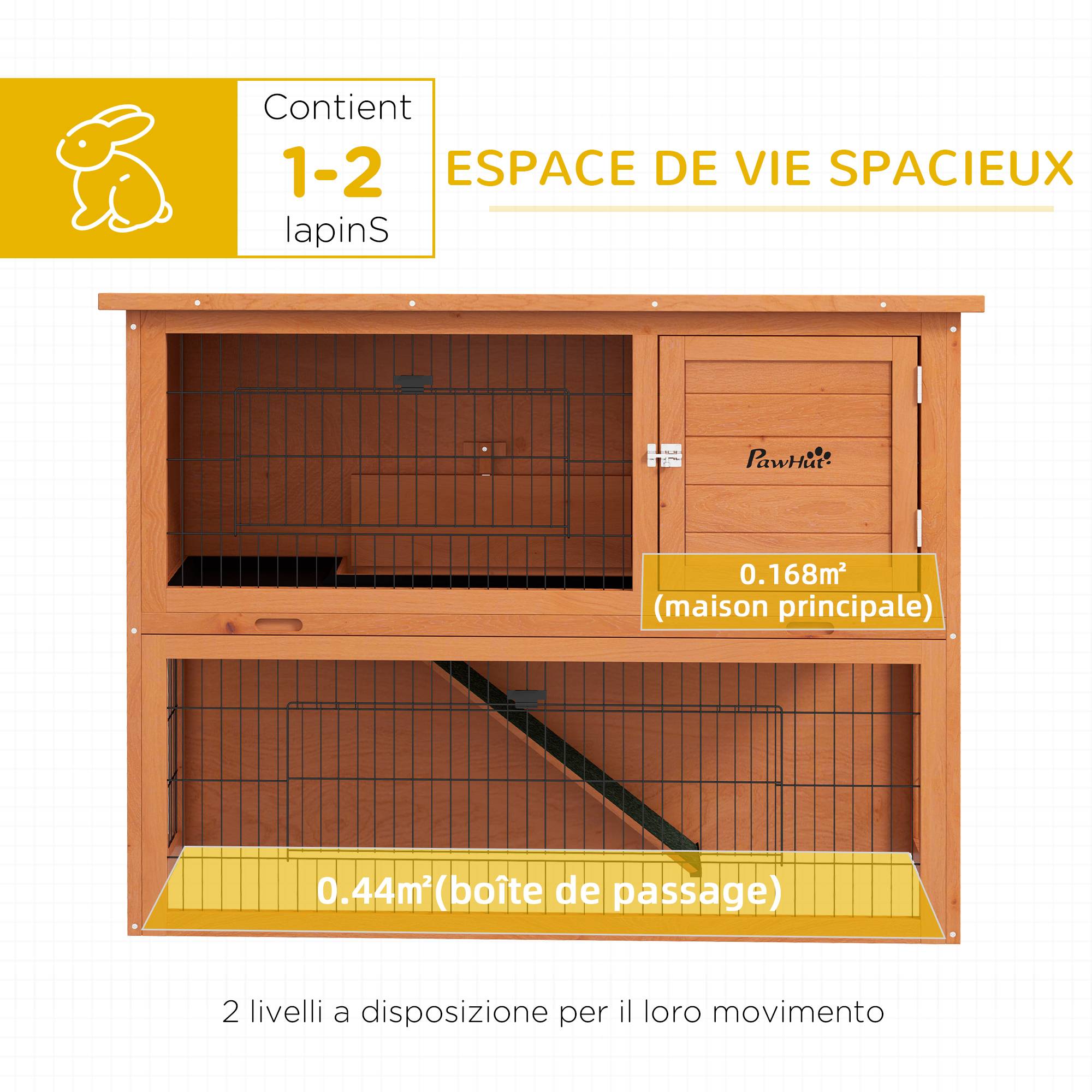 Clapier lapin bois sapin pour rongeurs extérieur 2 niveaux toit 120cm orange - ComfortXL Outdoor Living - Image 7