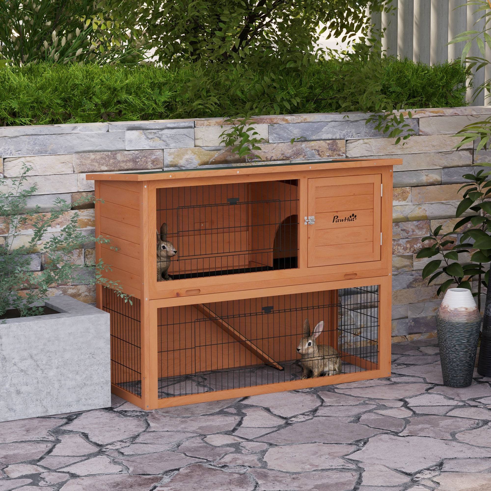 Clapier lapin bois sapin pour rongeurs extérieur 2 niveaux toit 120cm orange - ComfortXL Outdoor Living - Image 4