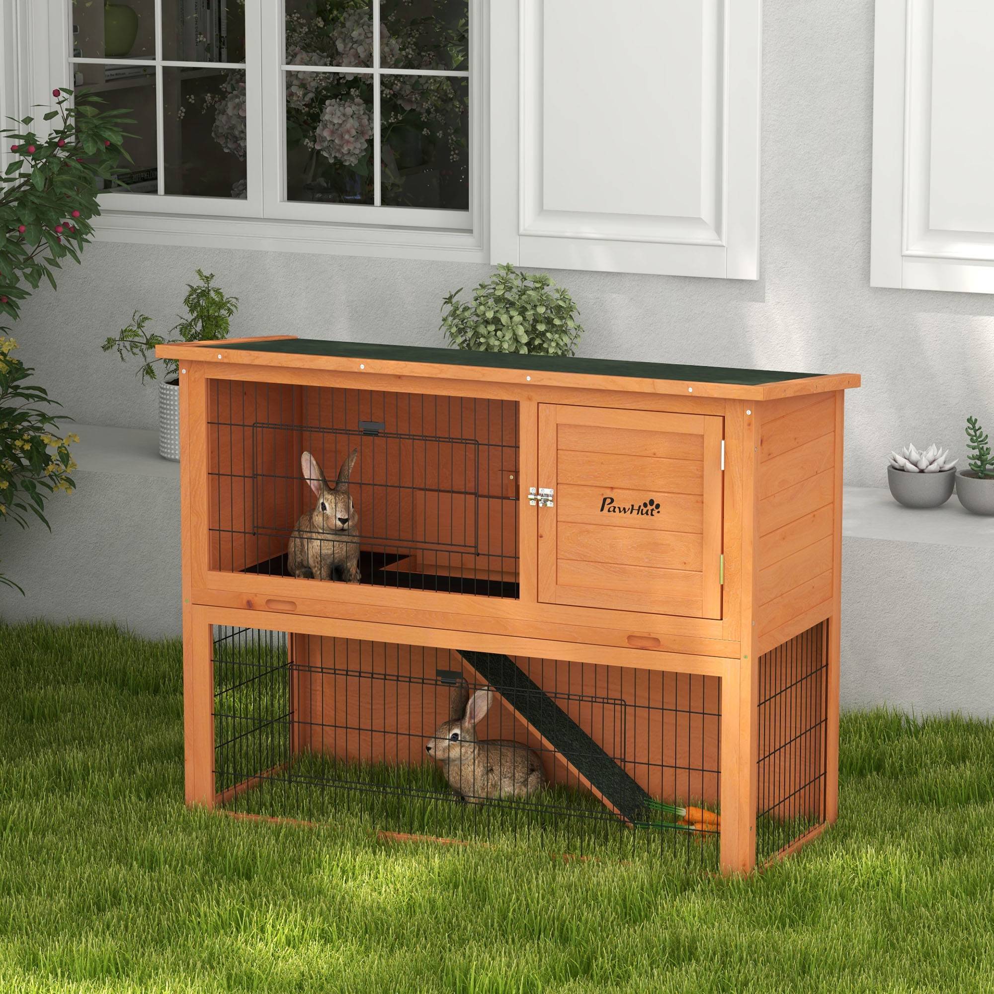 Clapier lapin bois sapin pour rongeurs extérieur 2 niveaux toit 120cm orange - ComfortXL Outdoor Living - Image 3