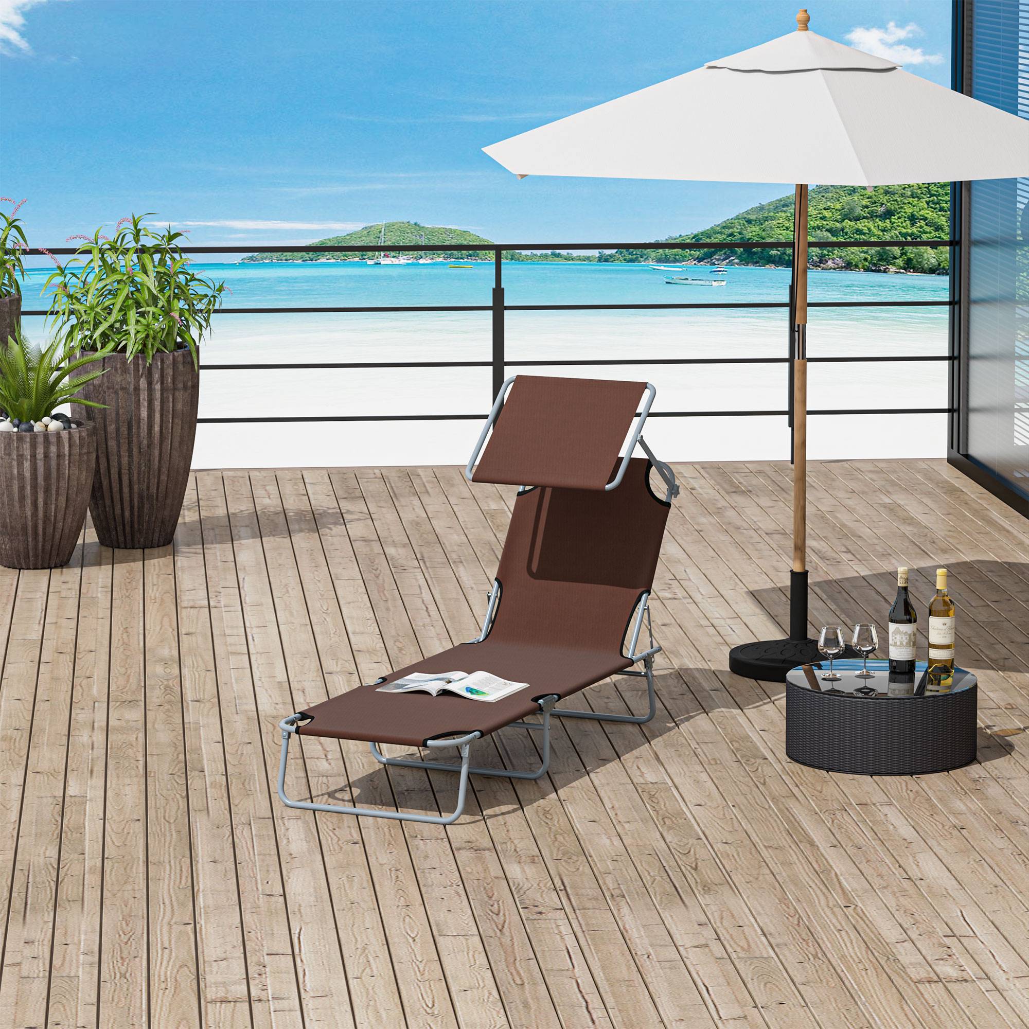 Transat pliant marron, pare-soleil, dossier 4 positions, charge 120kg, jardin balcon piscine, 6 coloris - Image 4