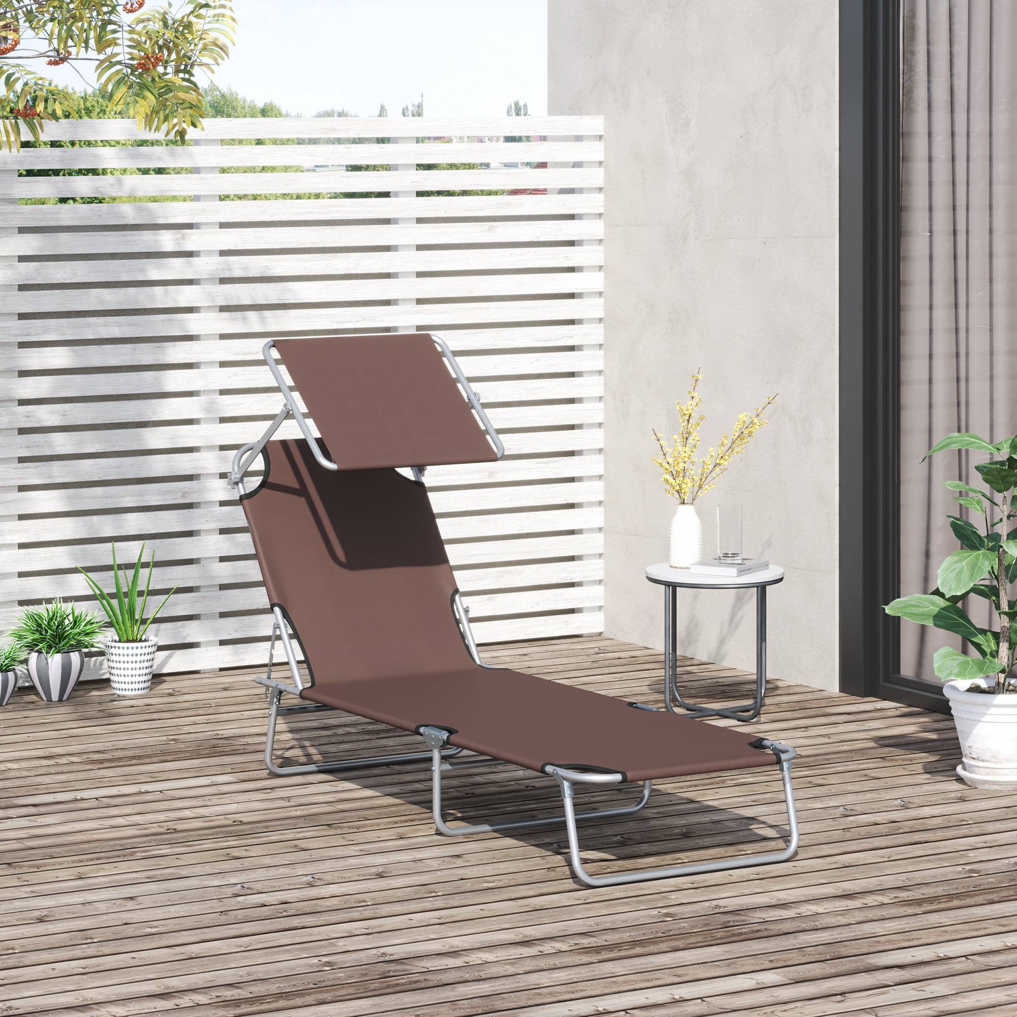 Transat pliant marron, pare-soleil, dossier 4 positions, charge 120kg, jardin balcon piscine, 6 coloris - Image 3