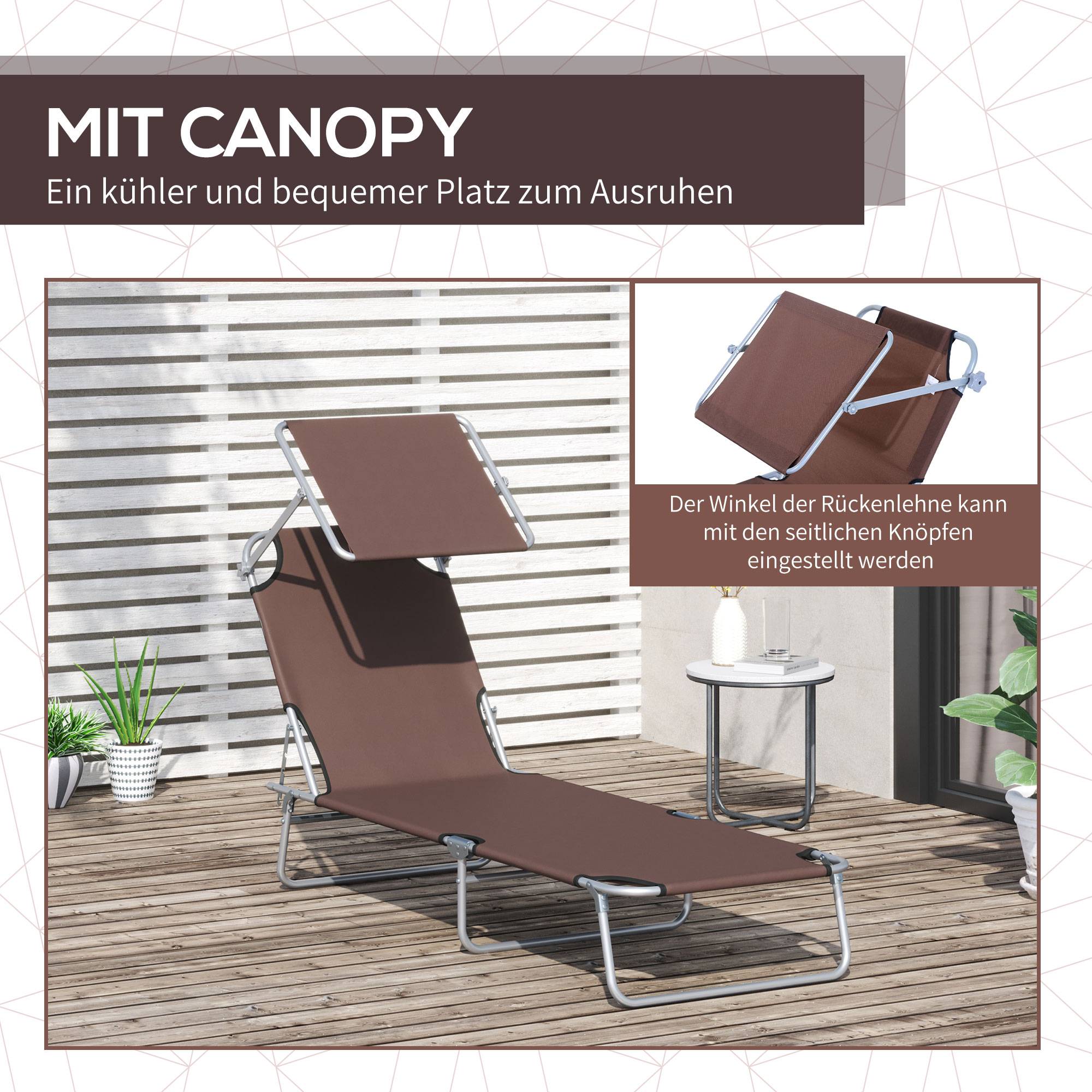 Transat pliant marron, pare-soleil, dossier 4 positions, charge 120kg, jardin balcon piscine, 6 coloris - Image 8