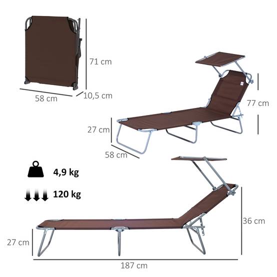Transat pliant marron, pare-soleil, dossier 4 positions, charge 120kg, jardin balcon piscine, 6 coloris - Image 5