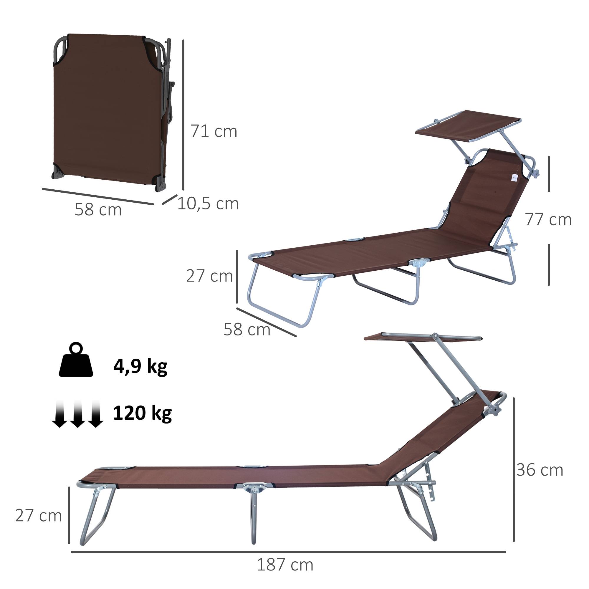 Transat pliant marron, pare-soleil, dossier 4 positions, charge 120kg, jardin balcon piscine, 6 coloris - Image 5