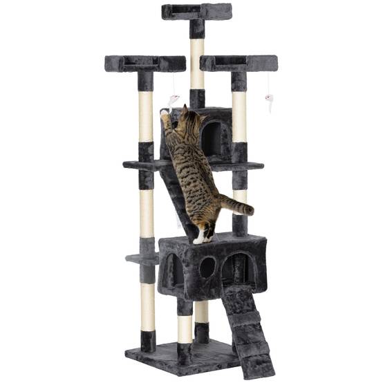 Grand arbre à chat sisal peluche multi activités avec abris 49x49x173 cm gris - ComfortXL Outdoor Living - Image 1