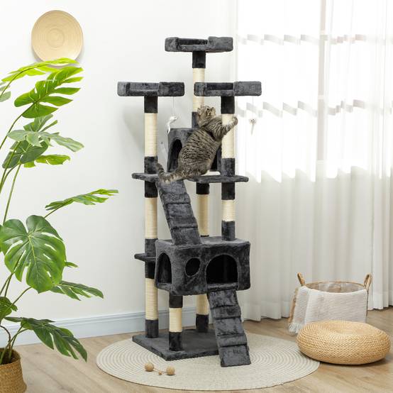 Grand arbre à chat sisal peluche multi activités avec abris 49x49x173 cm gris - ComfortXL Outdoor Living - Image 4