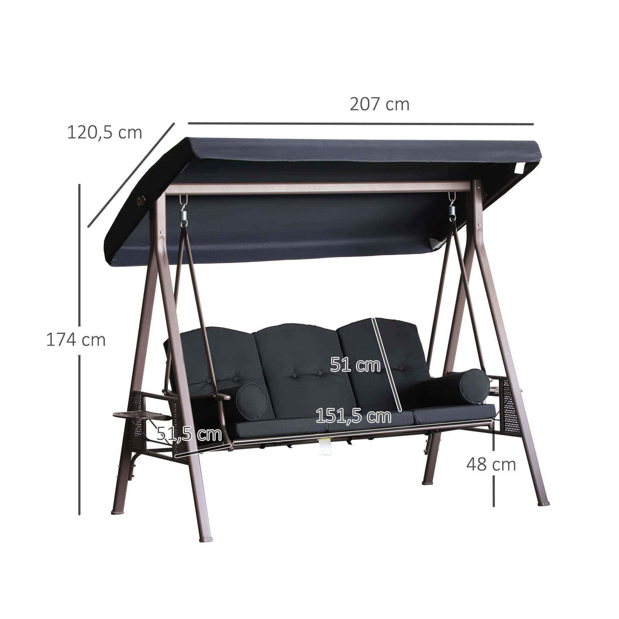 Outsunny - Balancelle de Jardin 3 Places Confort, Toit réglable, Coussins, Plateaux rétractables Polyester filé Noir - Outsunny - Image 3