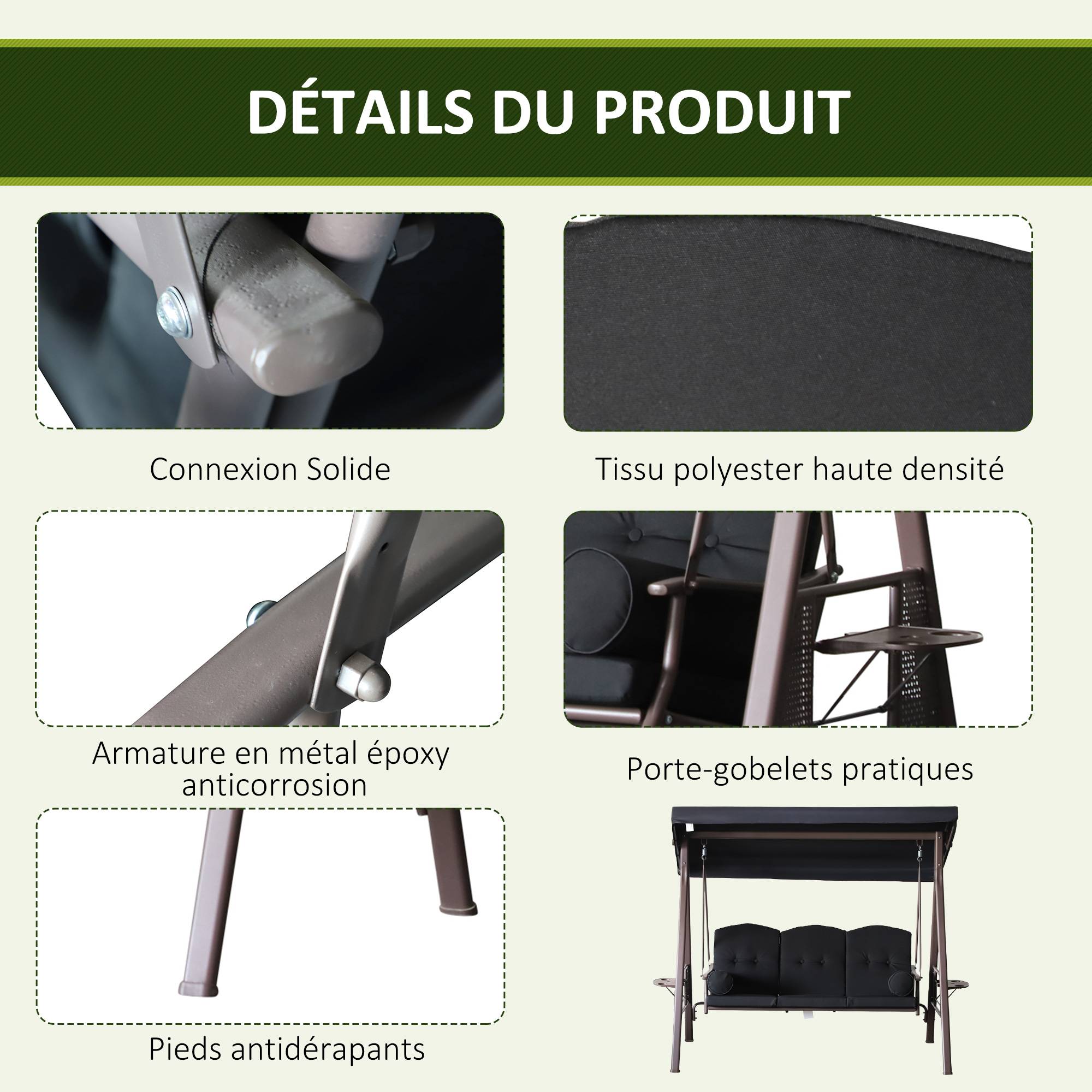 Outsunny - Balancelle de Jardin 3 Places Confort, Toit réglable, Coussins, Plateaux rétractables Polyester filé Noir - Outsunny - Image 7