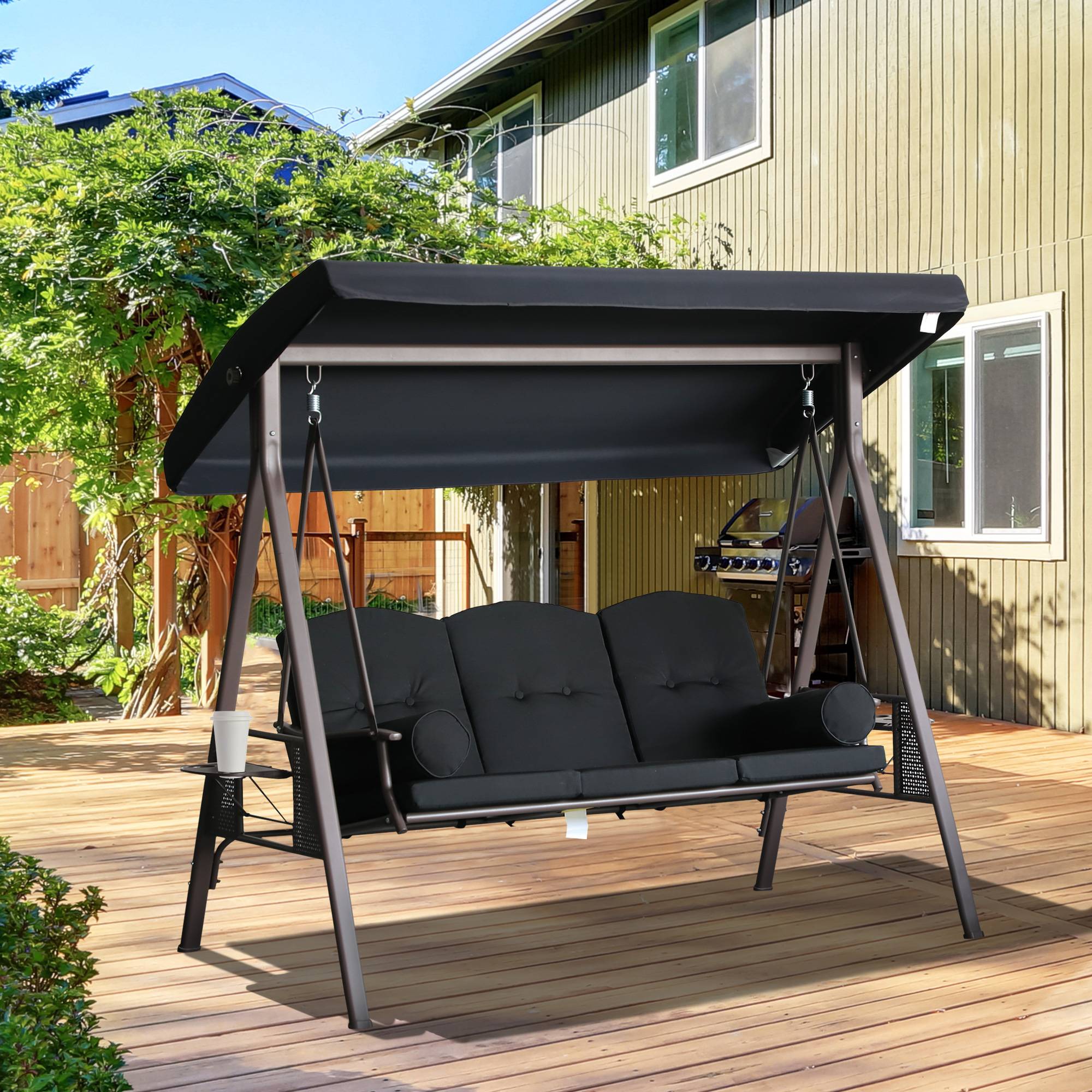 Outsunny - Balancelle de Jardin 3 Places Confort, Toit réglable, Coussins, Plateaux rétractables Polyester filé Noir - Outsunny - Image 2